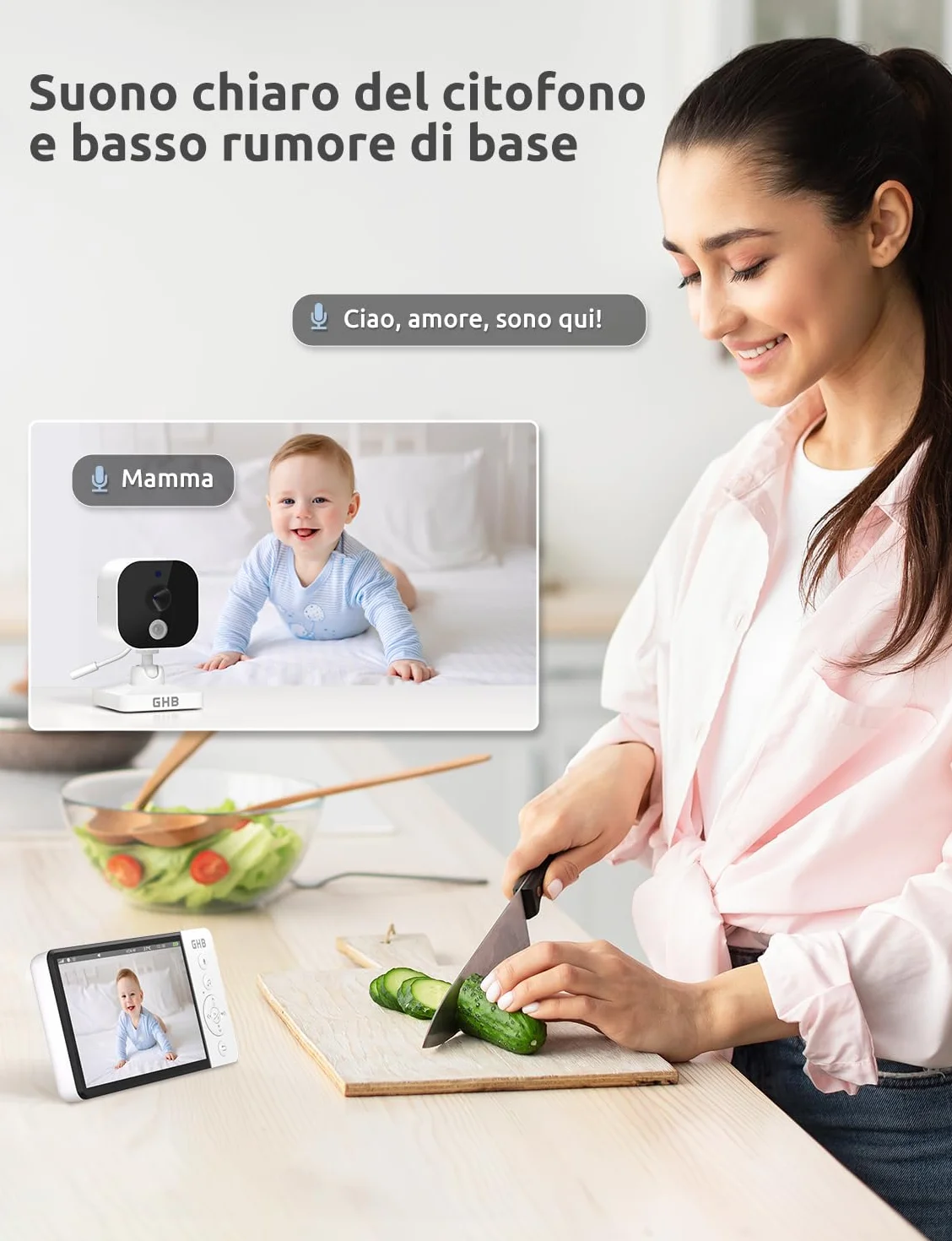 GHB Baby Monitor Video e Audio 5" Telecamera Neonato con Monitor IPS 5000mAh VOX, Visione Notturna, Rilevamento della Temperatura, Ninnananna