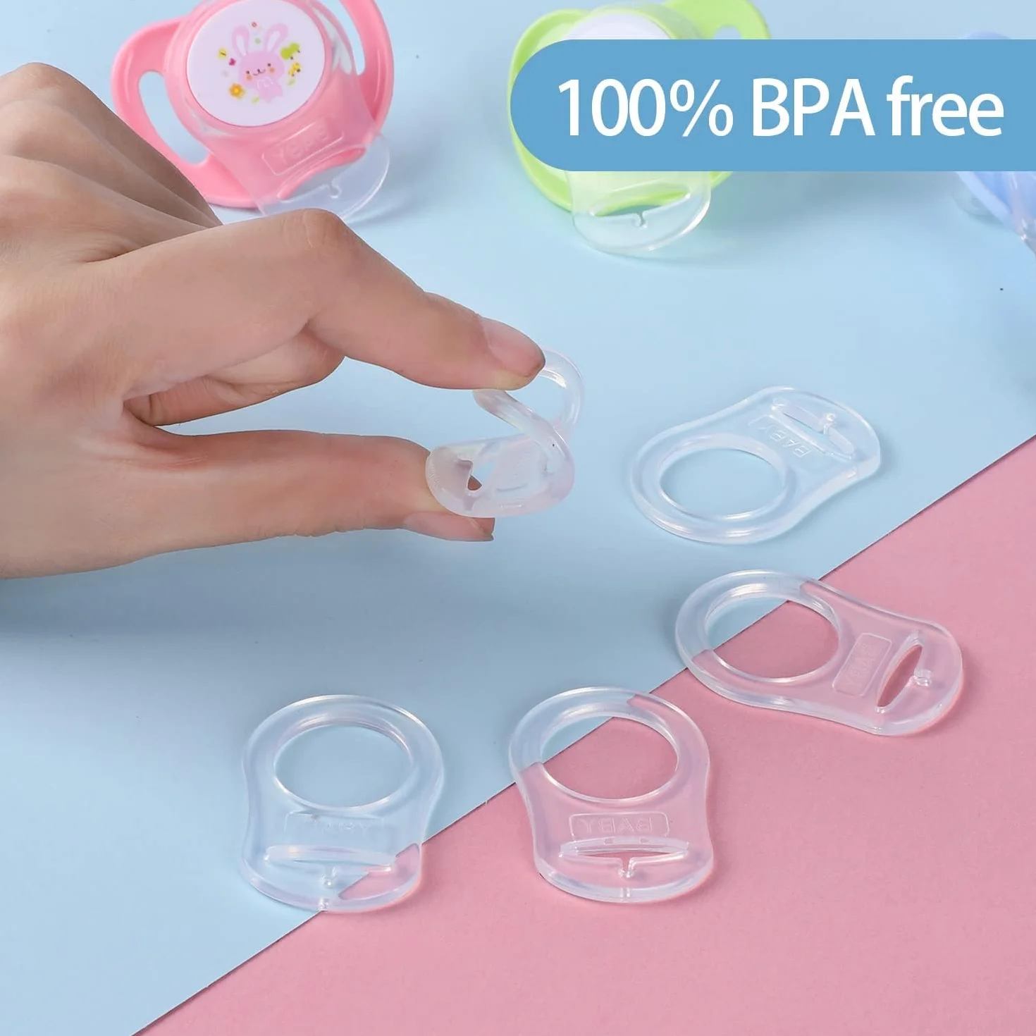 Pulsante di Silicone Anello LISOPO 12 Pezzi Adattatori per Ciuccio in Silicone, Ciuccio Clip Adattatore Adatto Alla Maggior Parte dei Succhietti per Bambini e porta ciuccio catenella MAM, trasparente