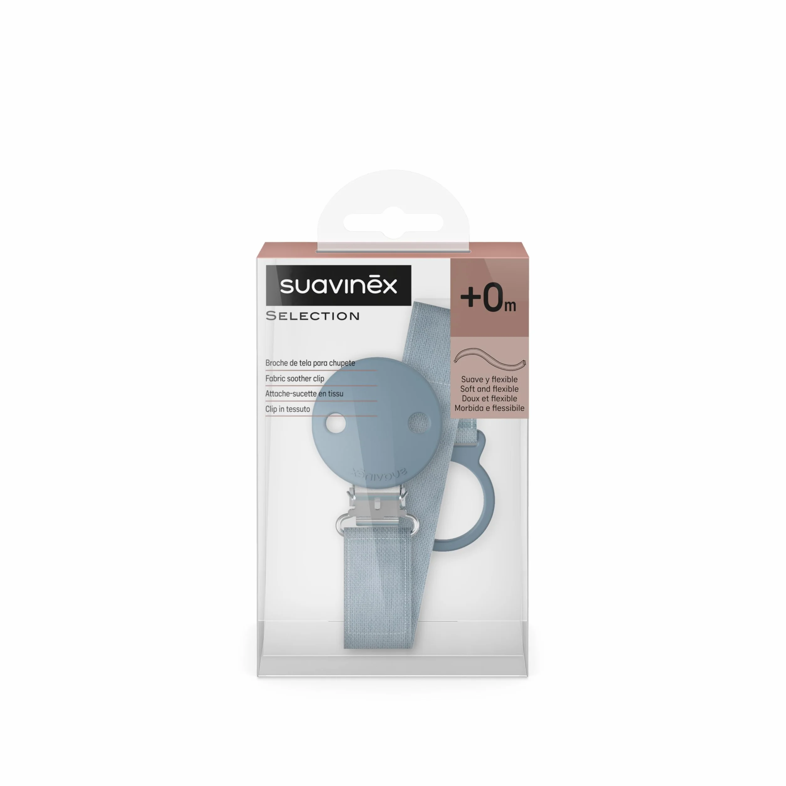 Suavinex, Portaciuccio in tessuto per neonati, Nastro con disegno double-face, Catenella per ciuccio, Clip con fermaglio, per ciucci con anello. +0 mesi, adatto ai neonati, Wonder Tinta unita Blu