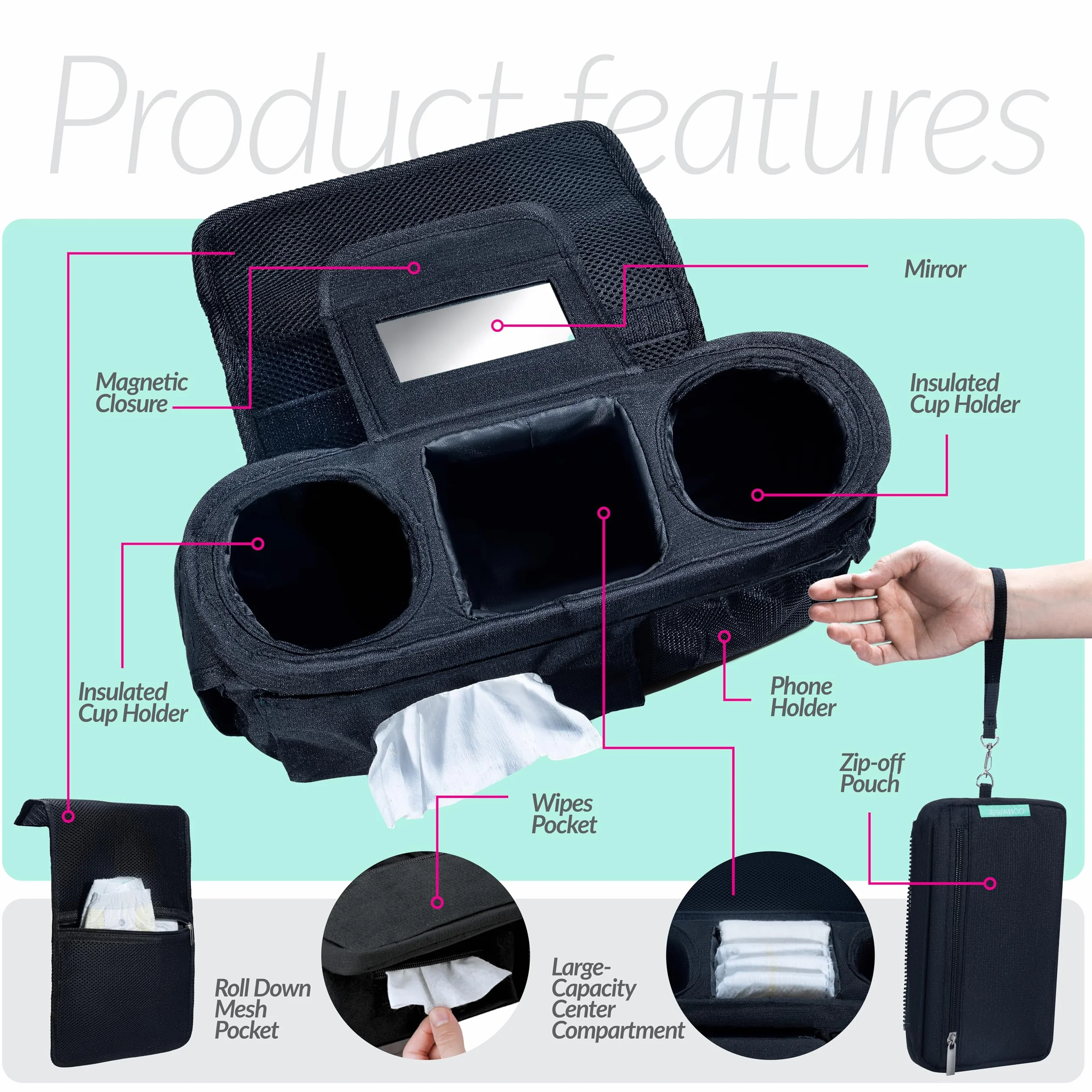 Swanoo - Borsa organizer per passeggino con portabicchieri, cinghie antiscivolo, tasca per telefono, accessori per animali, universale per Uppababby Vista v2 Wonderfold Wagon, Doona e altri.