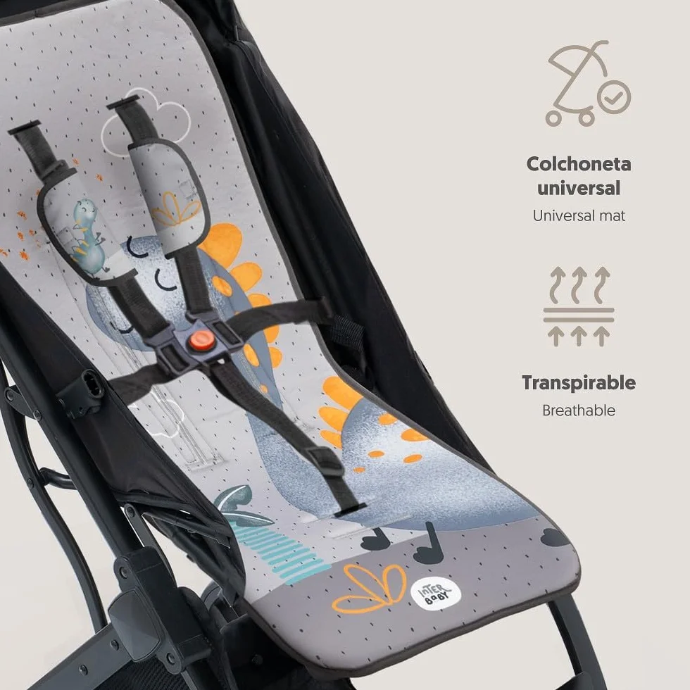 Interbaby Materassino per passeggino, universale, estivo, con palma, grigio, traspirante, confortevole, 100% cotone, 84 x 34 cm, protezioni per imbracatura