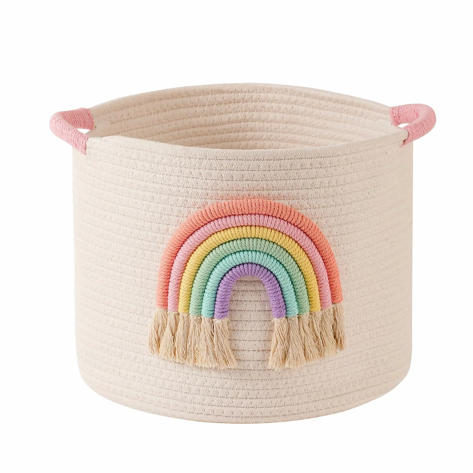 Cestini di immagazzinaggio dei giocattoli, cesto di stoccaggio in corda di cotone tessuto con decorazione arcobaleno per bambini, cestini per coperte, organizer per giocattoli, cestino arcobaleno per