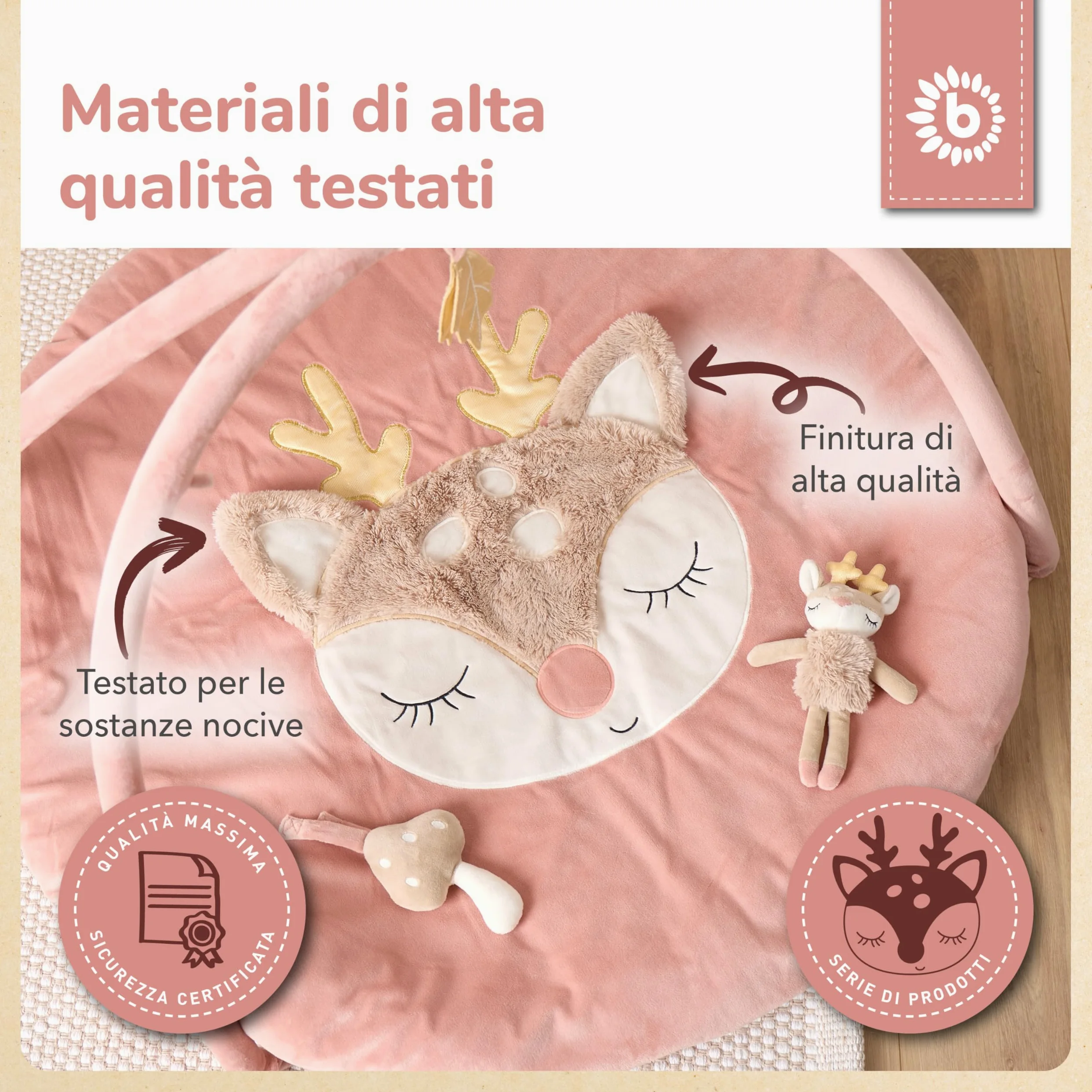 Bieco Tappeto Gioco con Arco Attività Cerbiatto Ella | Tappeto Sensoriale | Palestrina Neonato con Arco Giochi | Tappetino attività neonato