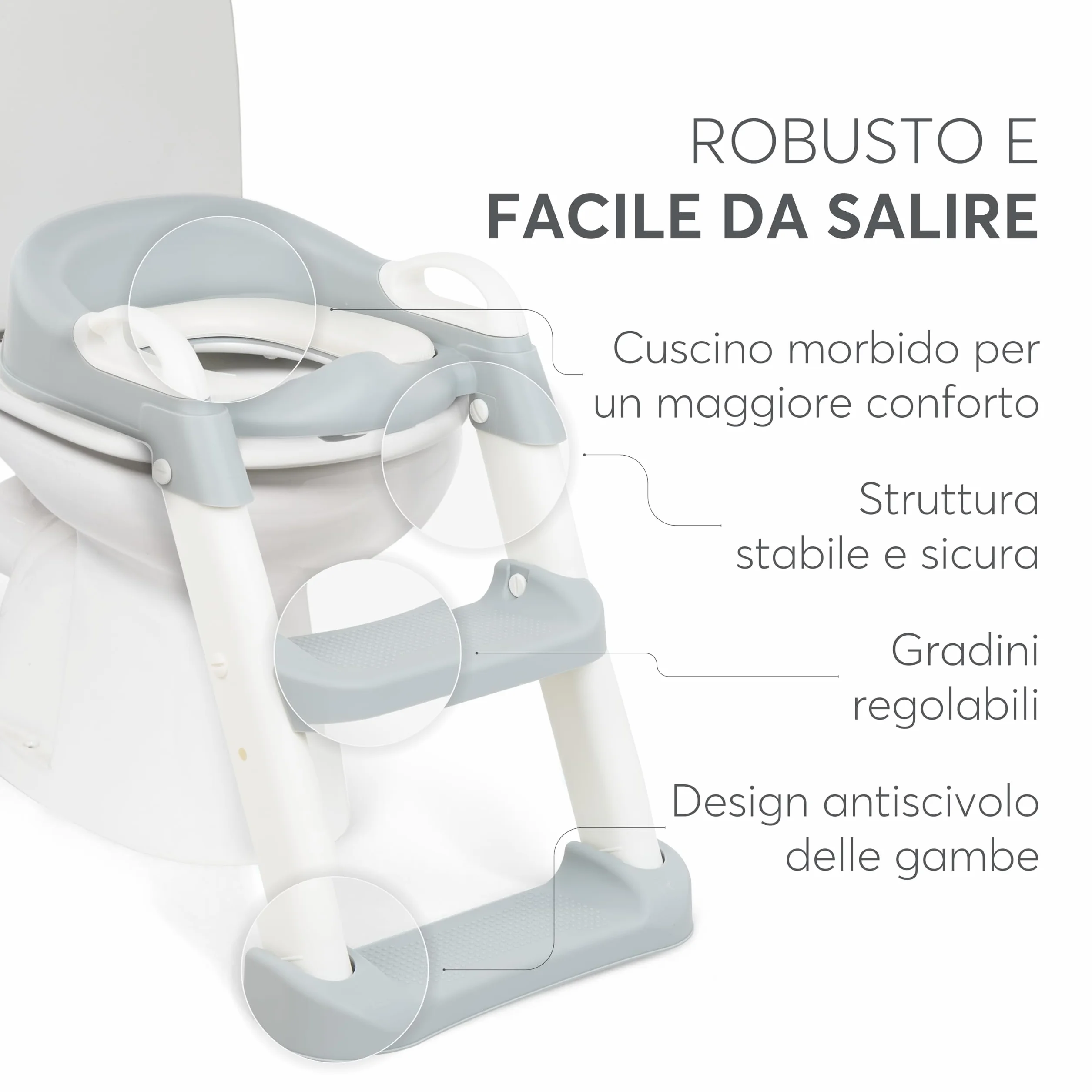 KikkaBoo Riduttore WC bambini con scaletta LEA, Educatore da toilette, Pieghevole e regolabile, Design anatomico, Imbottitura morbida rimovibile, Maniglie, Antiscivolo, 18+ mesi, Grigio