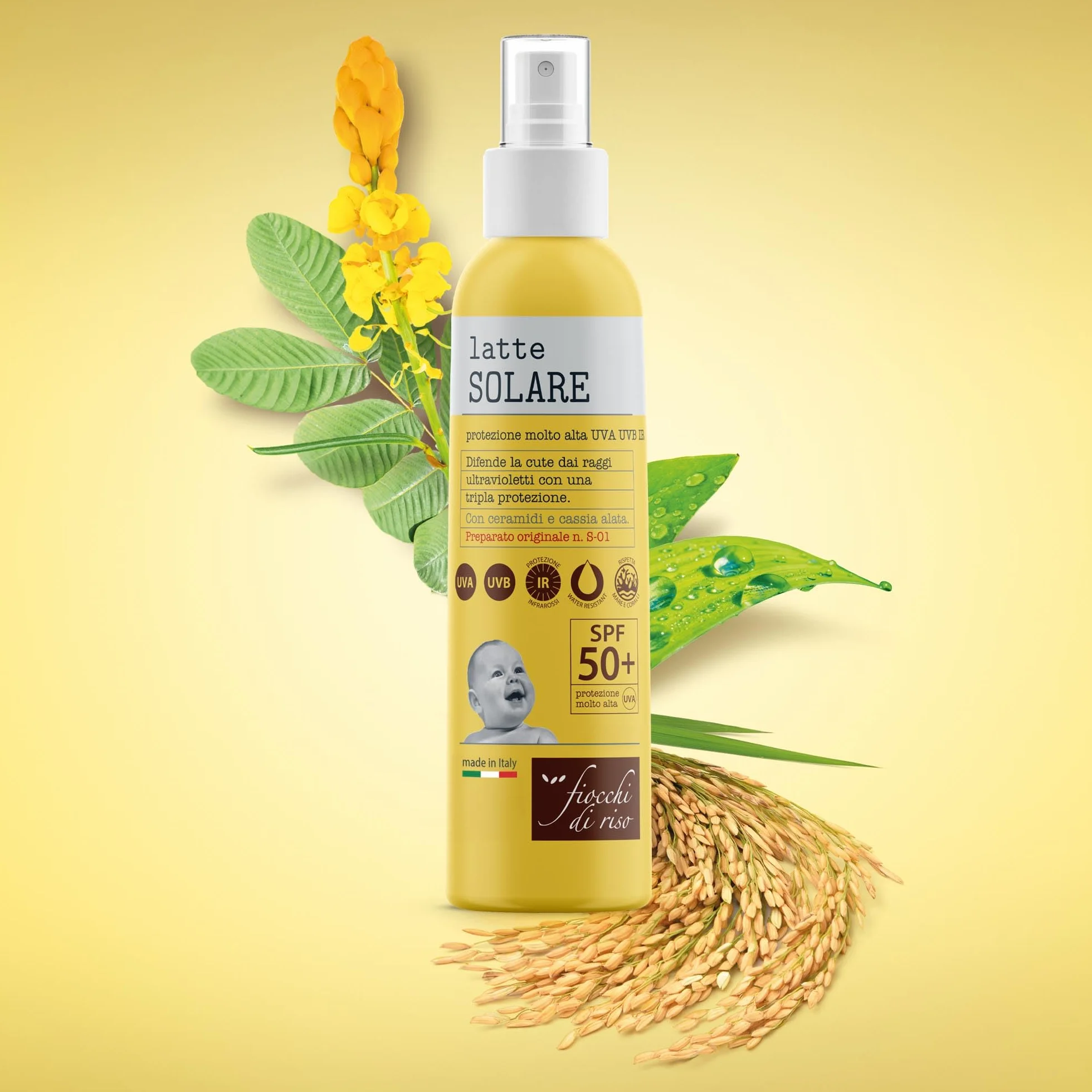 Fiocchi di Riso - Latte SOLARE 50+ - 140ml - PROTEZIONE SOLARE - SPF 50+ - Ideale per difendere la cute dai raggi ultravioletti con una tripla protezione, Con ceramidi e cassia alata. Pack riciclato
