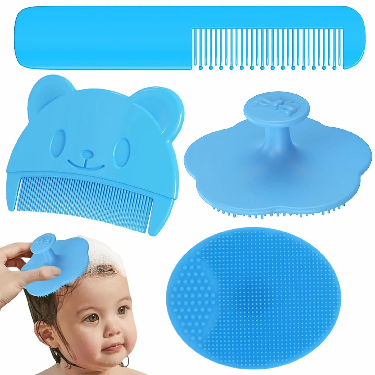 4 Pezzi Spazzola per La Rimozione Della Crosta di Latte Pettine Crosta Lattea Neonato Spazzola per Bambini in Setole Morbide Pettine Neonato Adatto per baby shower(blu)