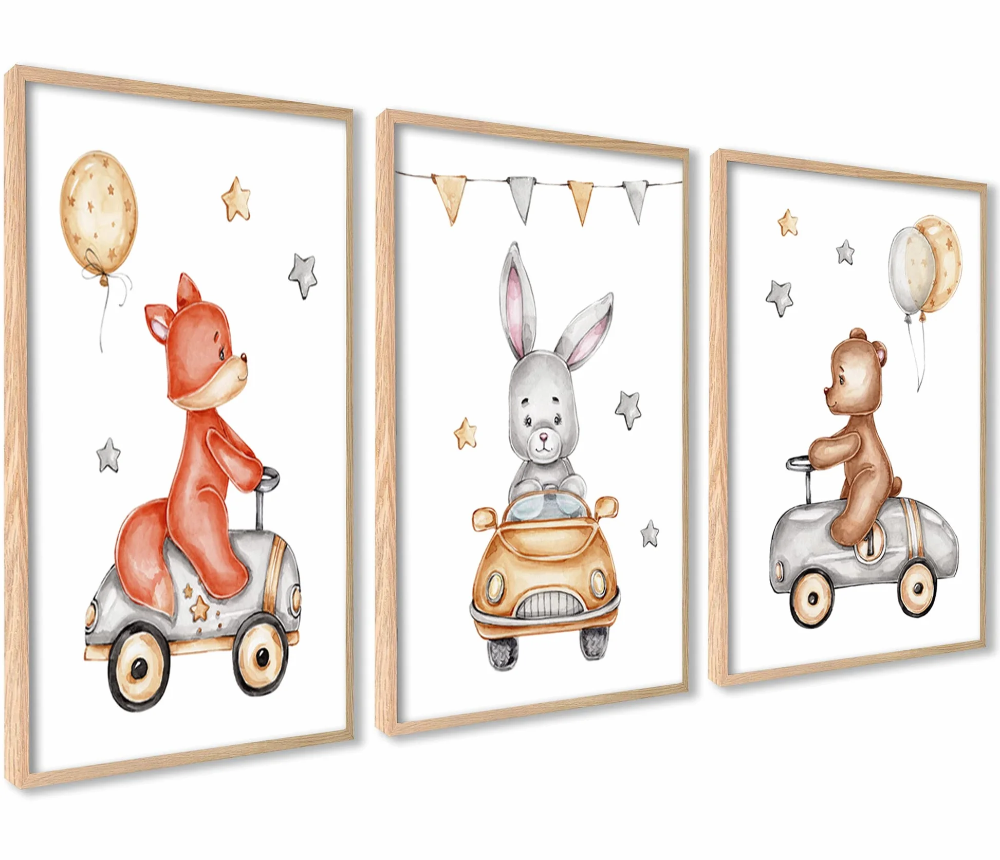 ag.art deco Quadri Cameretta Bambino con Cornice in Legno A3 30x40 cm | Accessori Cameretta Bambina o Cameretta Neonato | Set di 3 Poster Bambini (Animali in Auto)