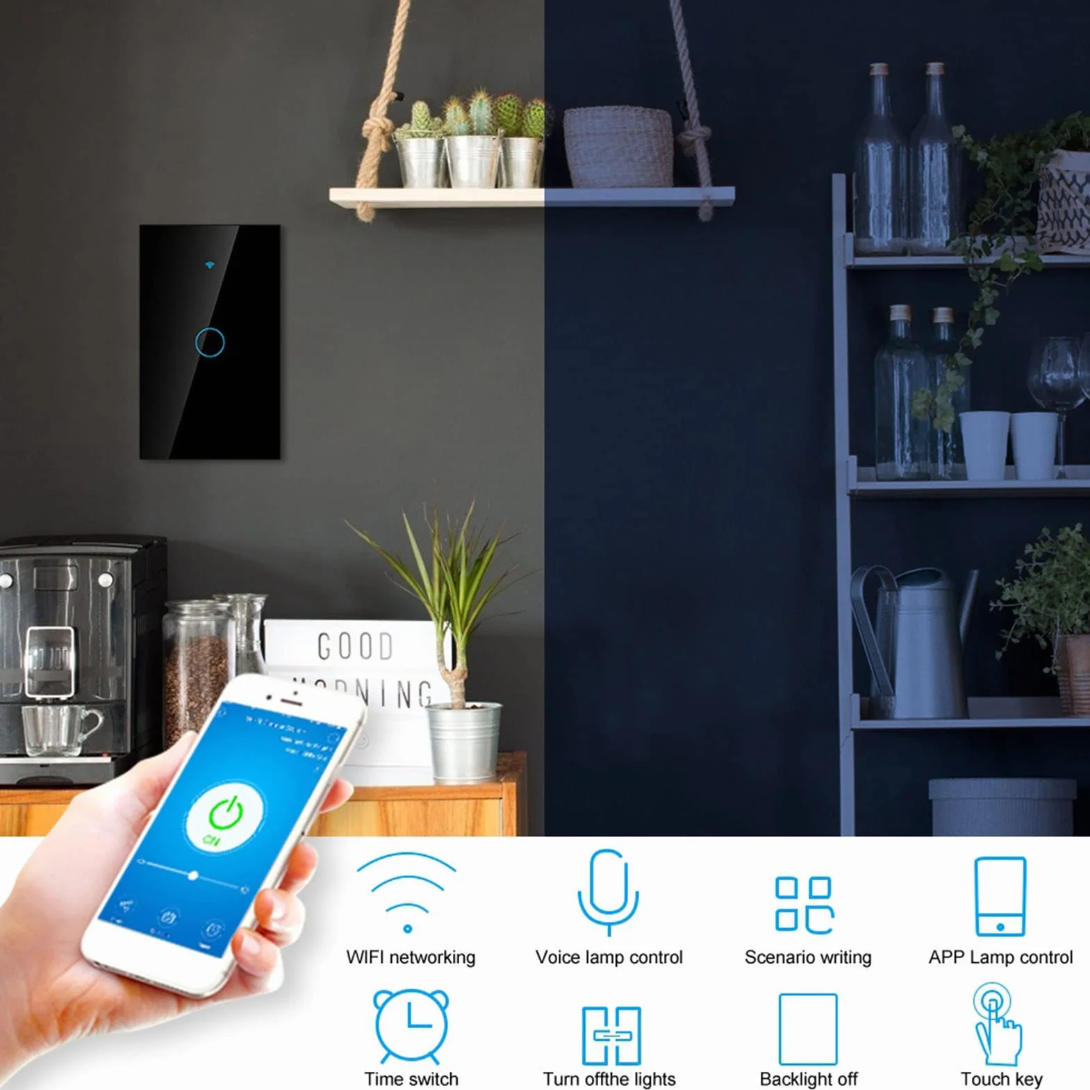 Interruttore Smart WiFi Interruttore touch a 1 via AC 90-250 V App a giro singolo Sistema di controllo remoto wireless Controllo vocale Wi-Fi (nero USA)(Nero)