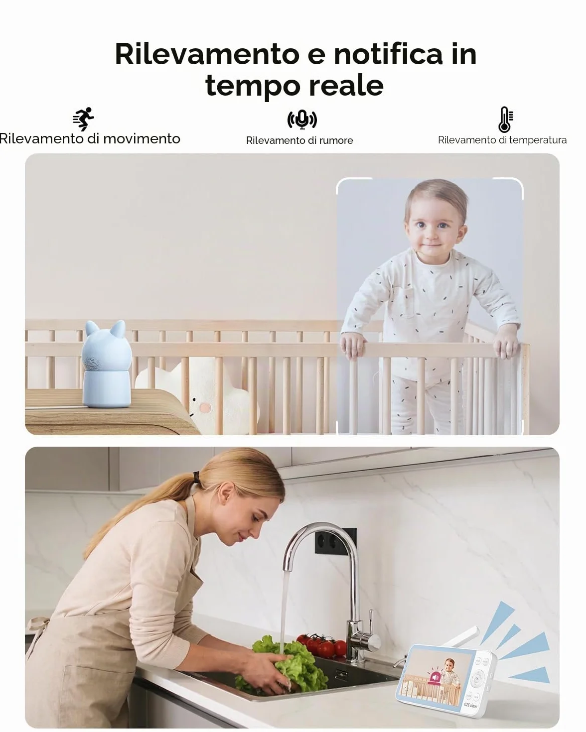 CZEview 5,5" 2.5K Baby Monitor Video e Audio, Luce Notturna & Musica, Telecamera Bambini, Controllo Tramite APP Mobile & Monitor (Blu)