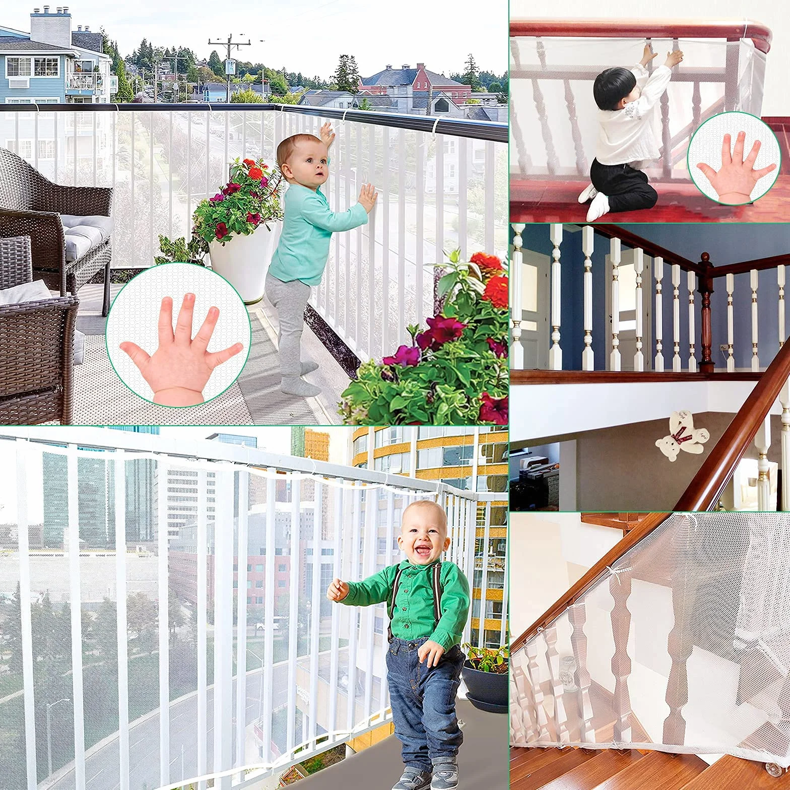 Rete di sicurezza per bambini, rete di protezione per balcone e scala, 300 x 90 cm, robusta, regolabile, recinto per scale, barriera di sicurezza in rete per gatti e giocattoli, bianco