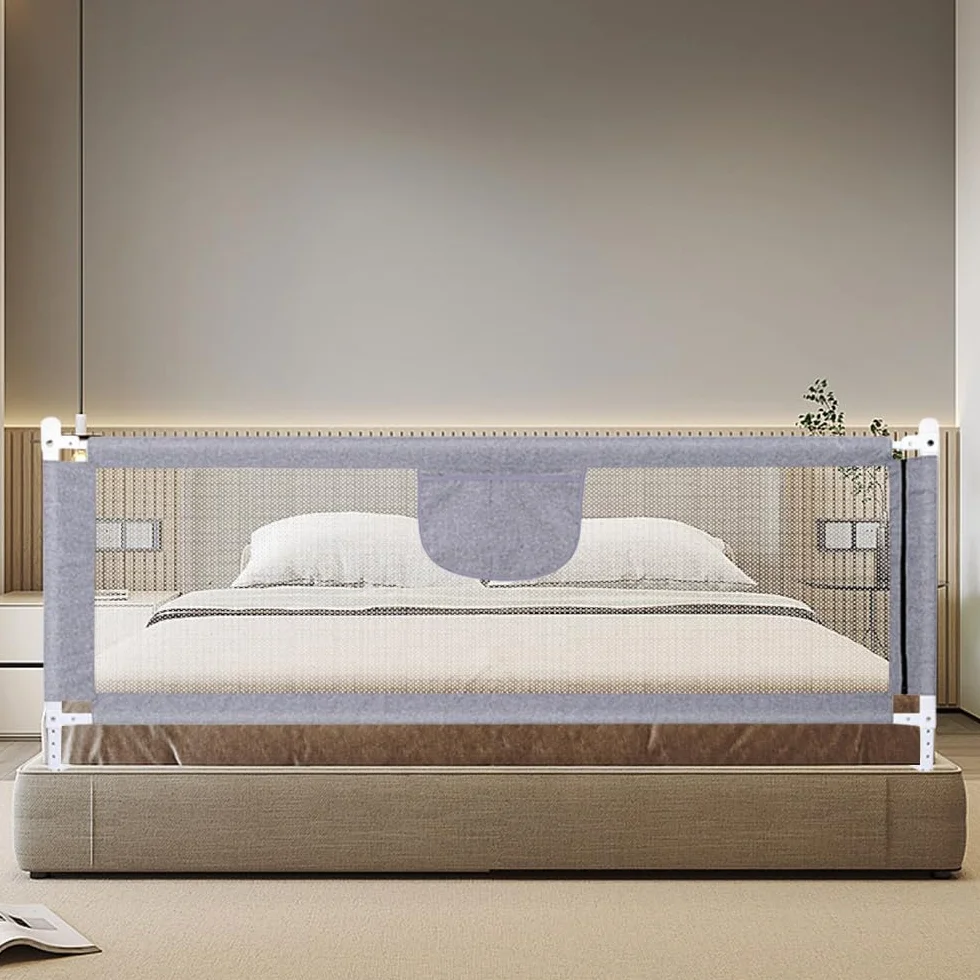 Bed Rail, Barriera del letto per bambini, pieghevole, Barriera di sicurezza per bambini, tessuto a rete/E, 2 m, grigio