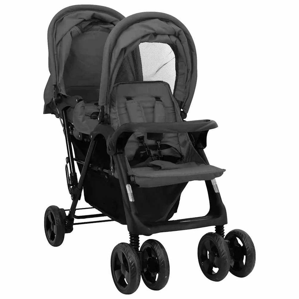 vidaXL Passeggino Gemellare a Tandem Grigio Scuro in Acciaio