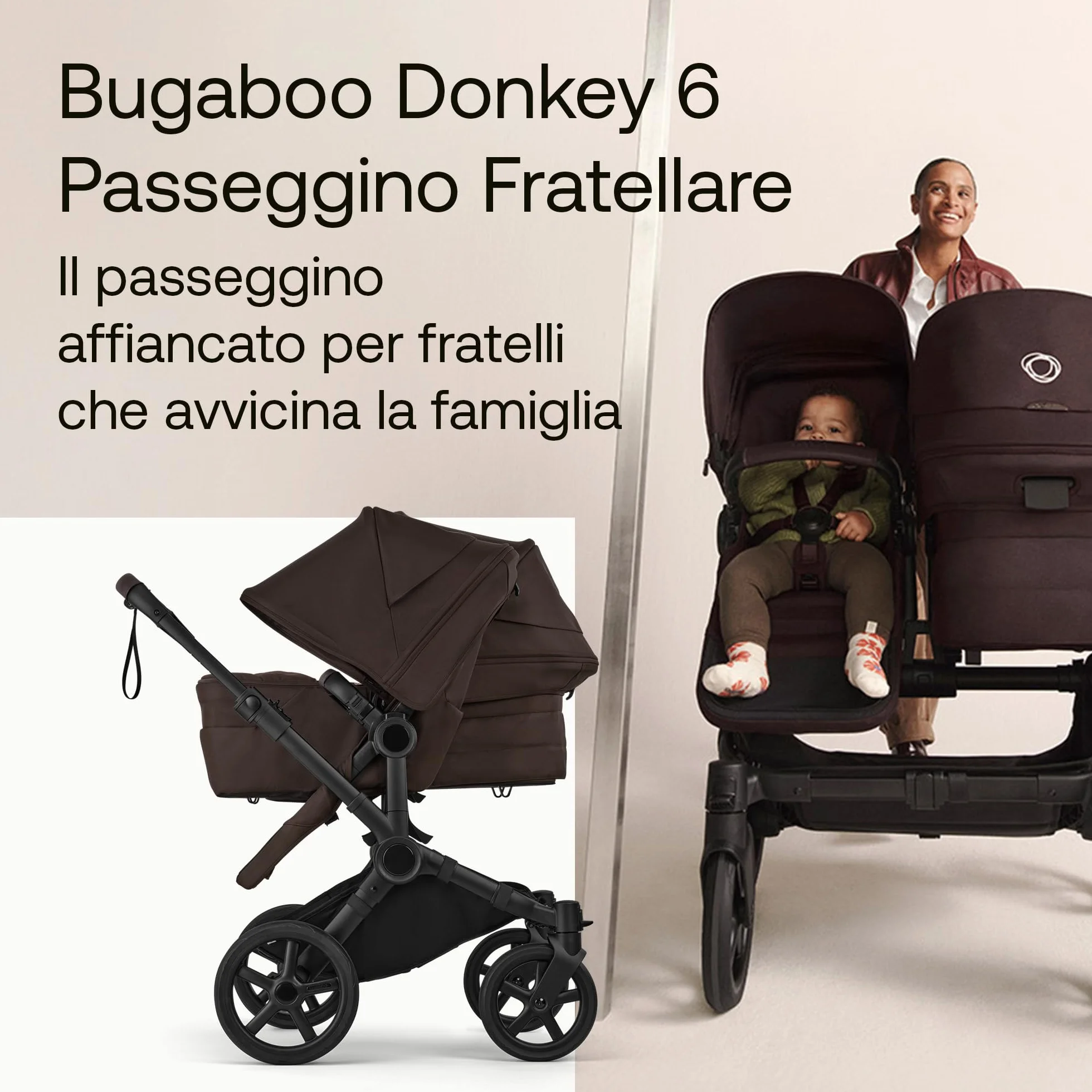 Bugaboo Donkey 6 Fratellare kit di Conversione per Carrozzina, Trasforma il Donkey 6 Singolo in un Passeggino Fratellare per Neonati e Bambini, Carrozzina Doppia con Seduta Reversibile, Cocoa Brown