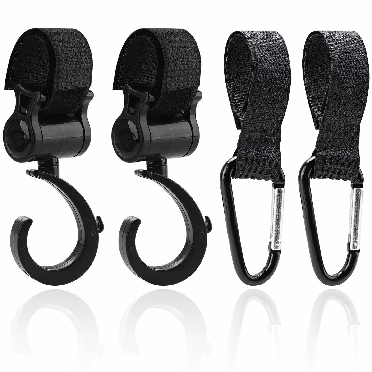 4 Pezzi Ganci Passeggino, Ganci per Passeggino Universale Leggero Rotanti Appendi, Multiuso Gancio Clip con Chiusura Regolabile, Ganci Appendere per La Spesa Borse Pannolini Borsette (Nero)