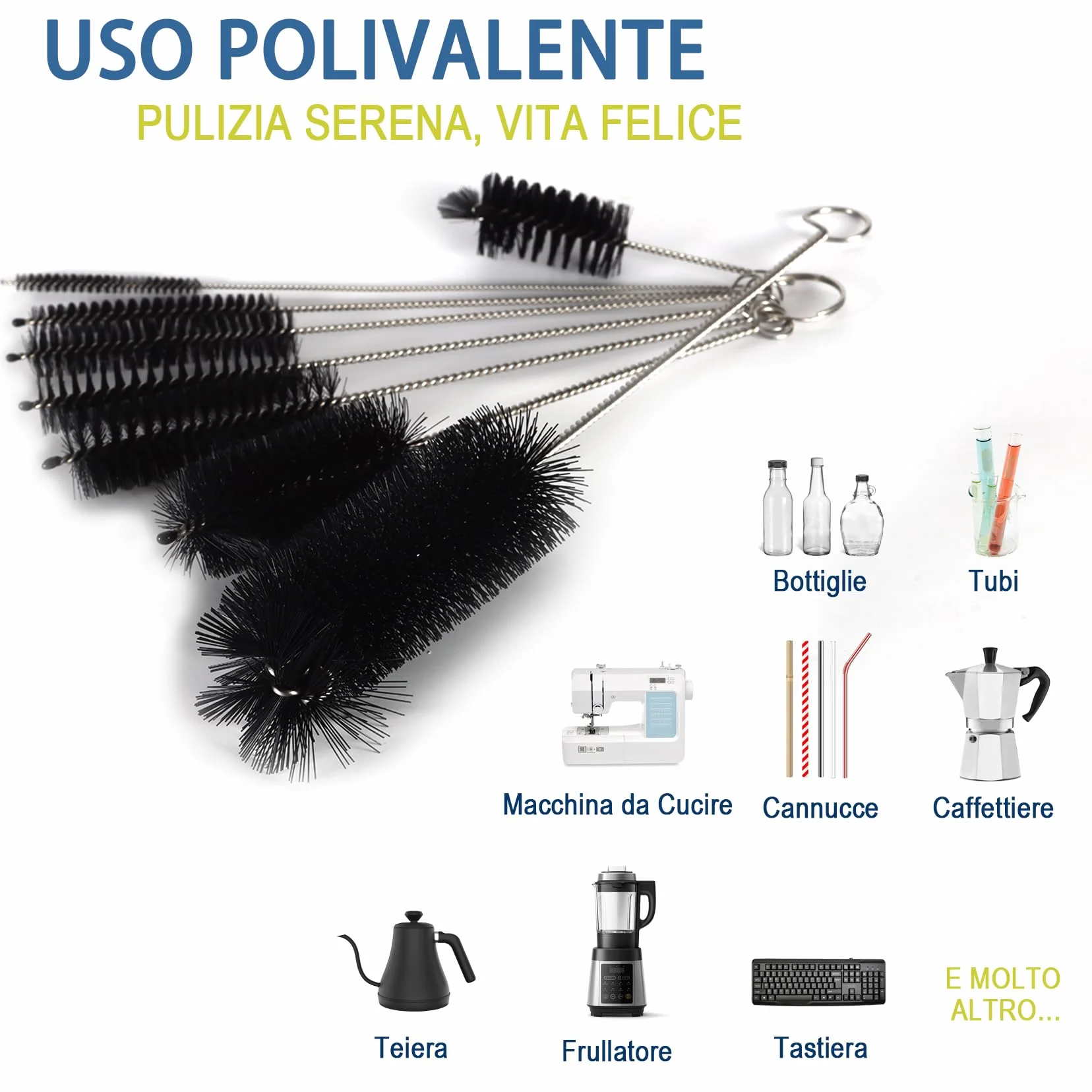Spazzola Per Bottiglie, Set Di 8 Spazzolini In Nylon Per Cannucce E Tubi, Per Pulire Bottiglie A Collo Stretto, Biberon, Barattoli E Beccucci Di Teiera (Nero)