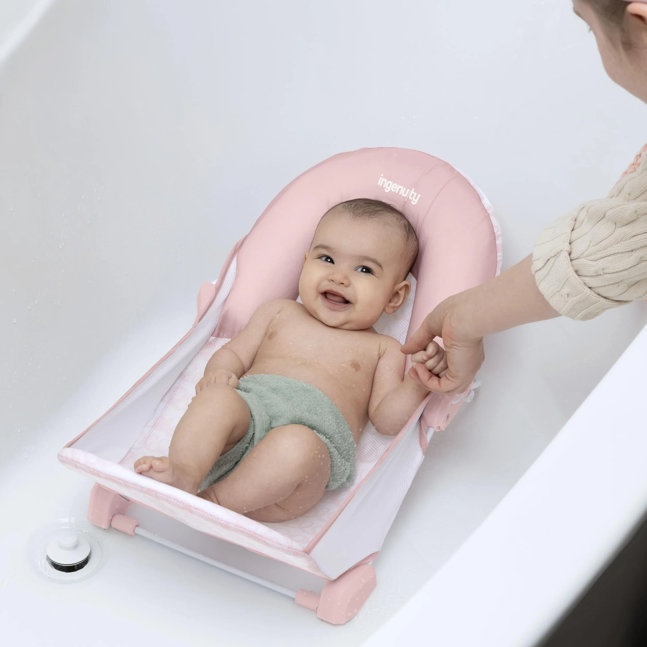 Ingenuity FoldAway 2-Position Bagnetto, seggiolino da bagno per bambini regolabile a 2 posizioni per lavandino o vasca da bagno, età 0-6 mesi, fino a 9 kg, Rosa