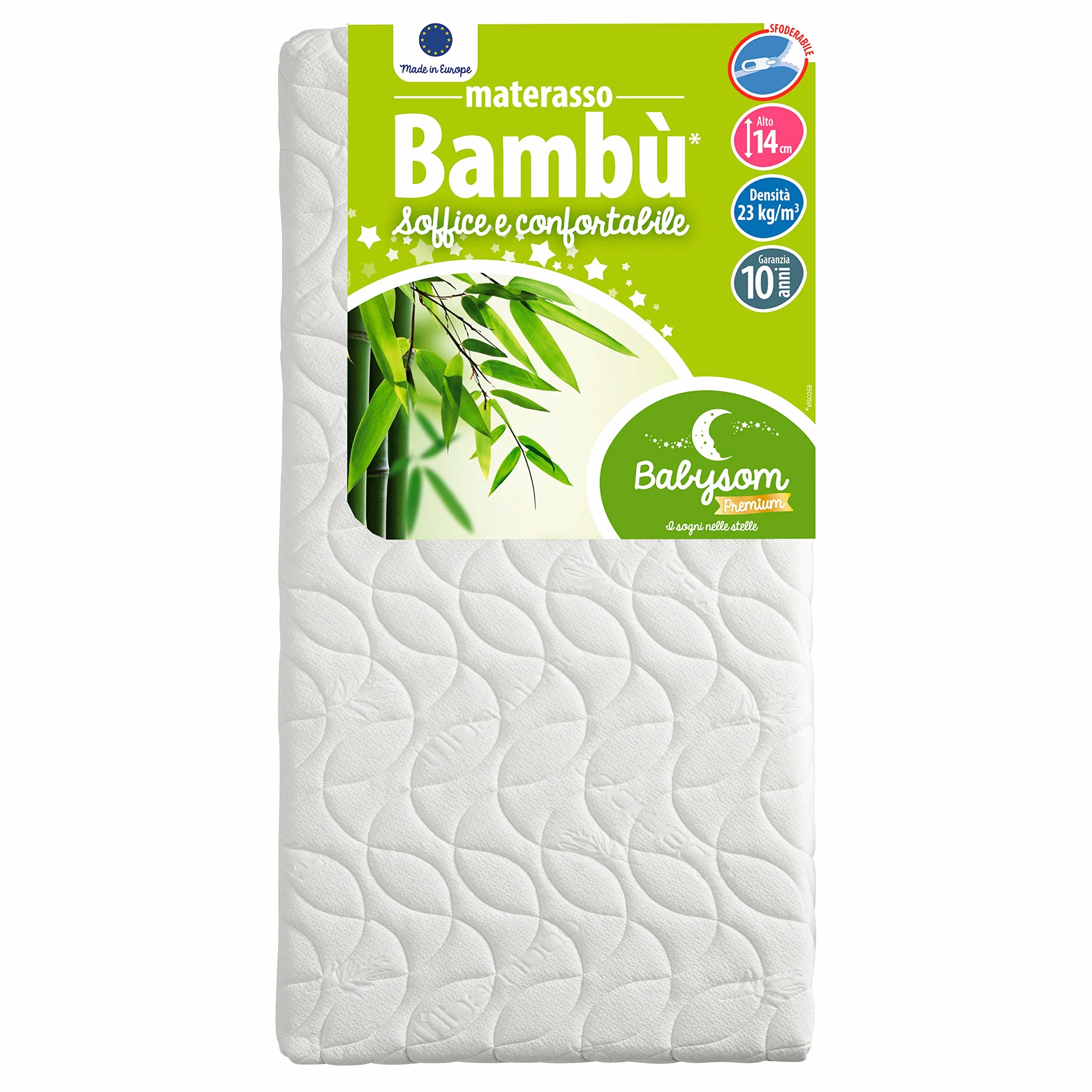 Babysom - Materasso Lettino Bambino | Per Neonato - Bambù Naturale - 70x140 cm - Altezza 14cm - Antiacari - Antisoffoco e Traspirante - Sfoderabile - Garanzia 10 anni