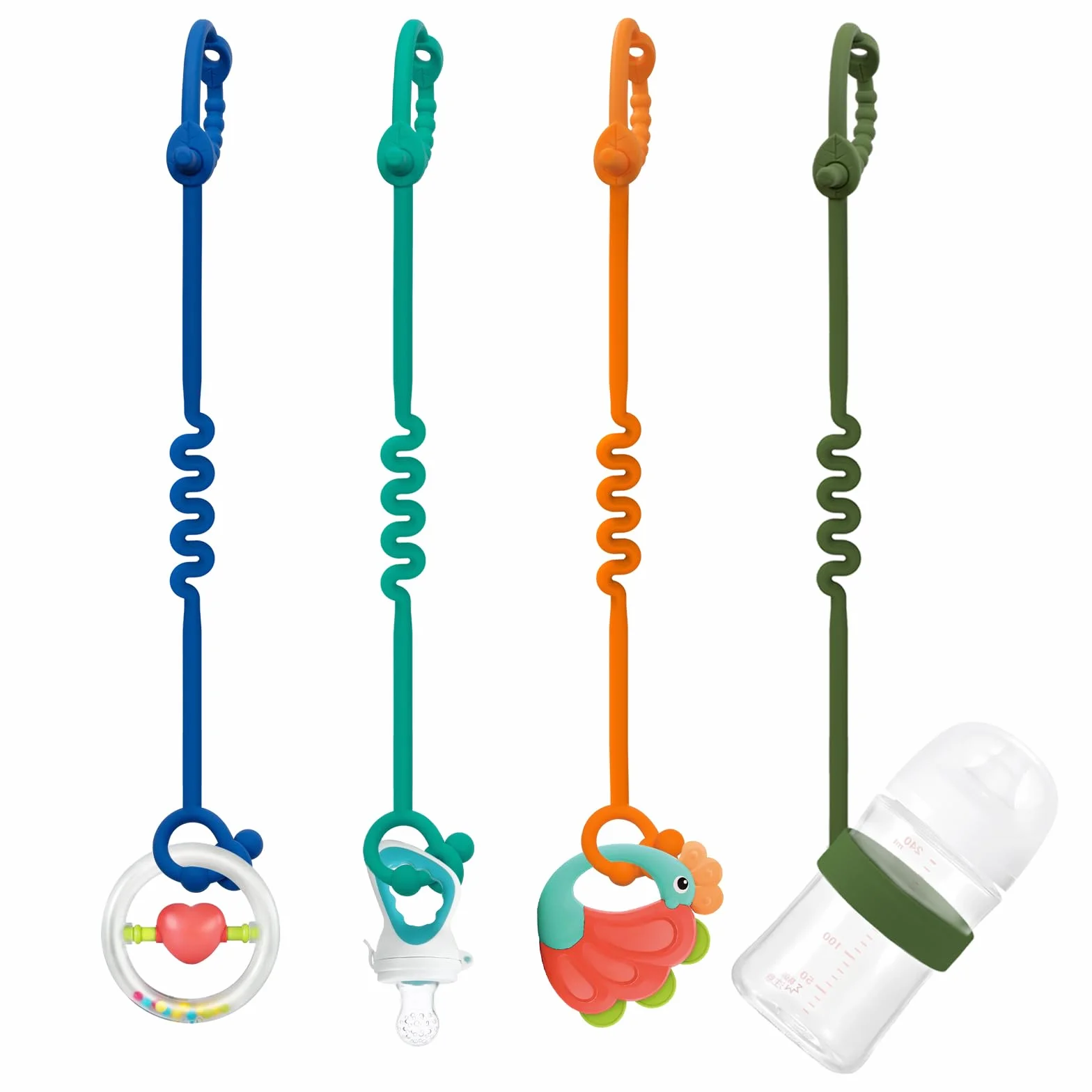 Clip per giocattoli in silicone per bambini - Cinghie regolabili per giocattoli e clip per ciuccio per passeggini, seggioloni, culle, seggiolini auto (4 pezzi)