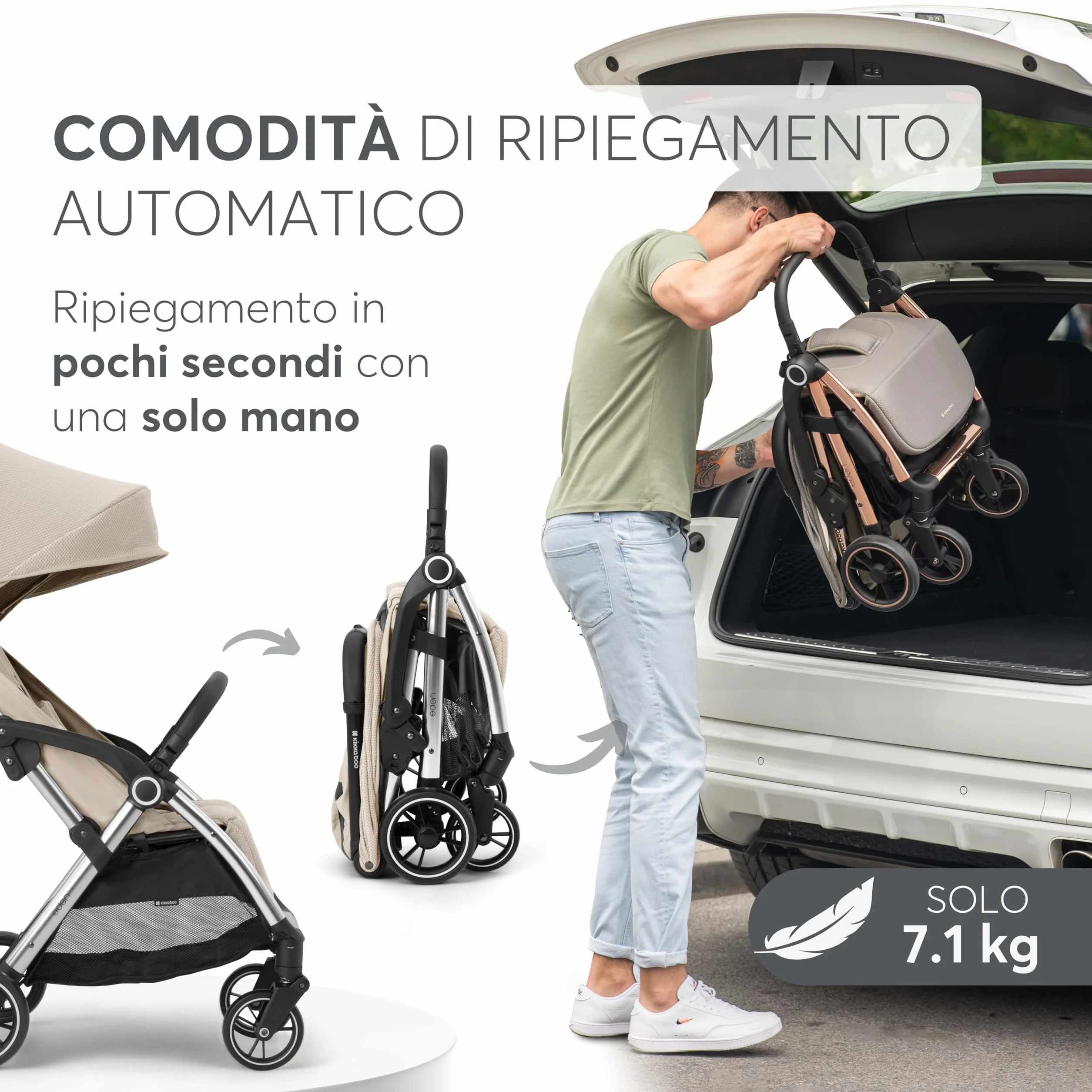 Passeggino KikkaBoo EDEN, Passeggino fino a 22 kg, Ripiegamento automatico, Posizione reclinabile, Ultraleggero, Compatto, Beige