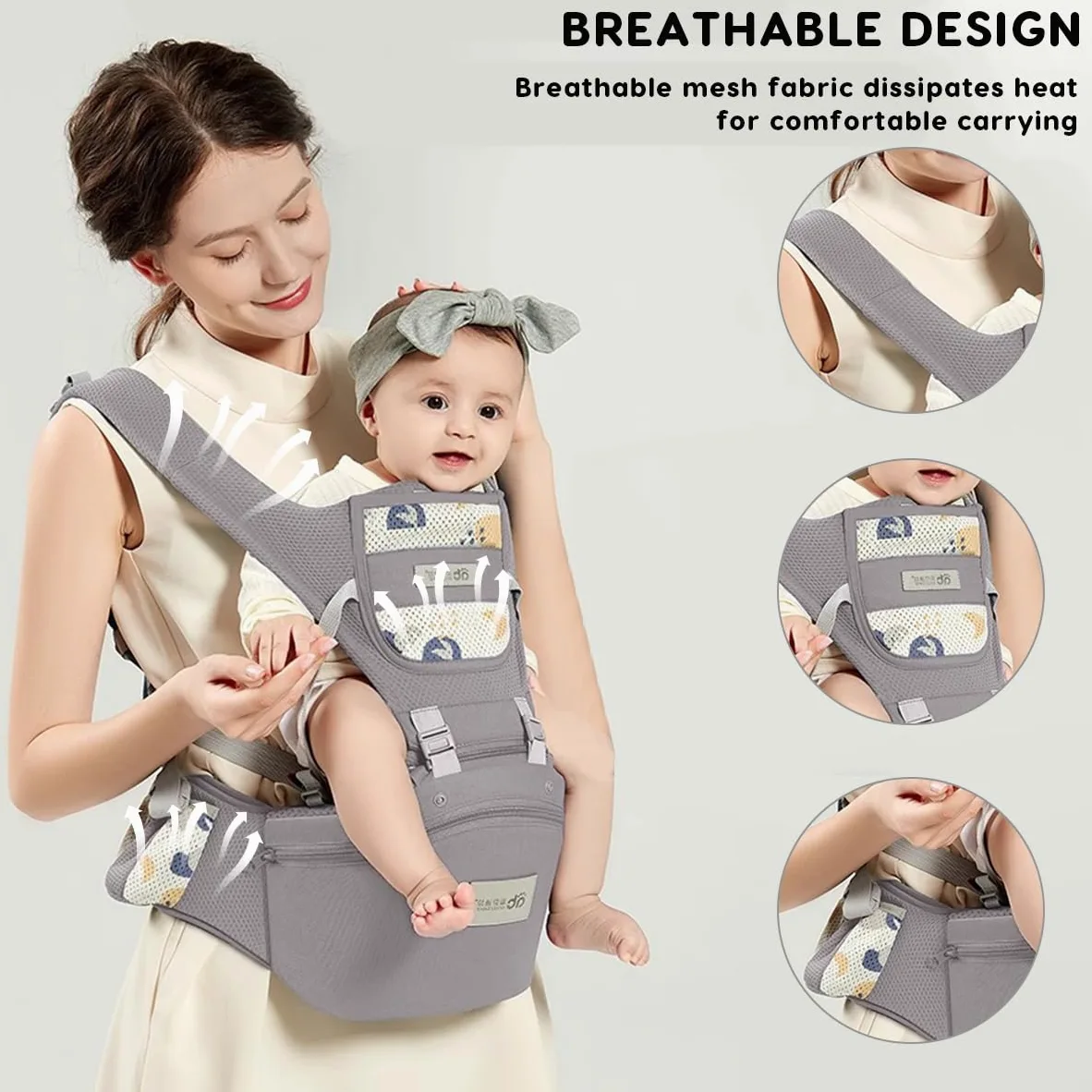 SONARIN 3 in 1 Traspirante Marsupio Neonati con Sedile,Portantina Multifunzionale Ergonomico Porta Bambino Fascia Porta Bebè Multi-Posizioni per Neonati Bambini 0-36 Mesi(Grigio)
