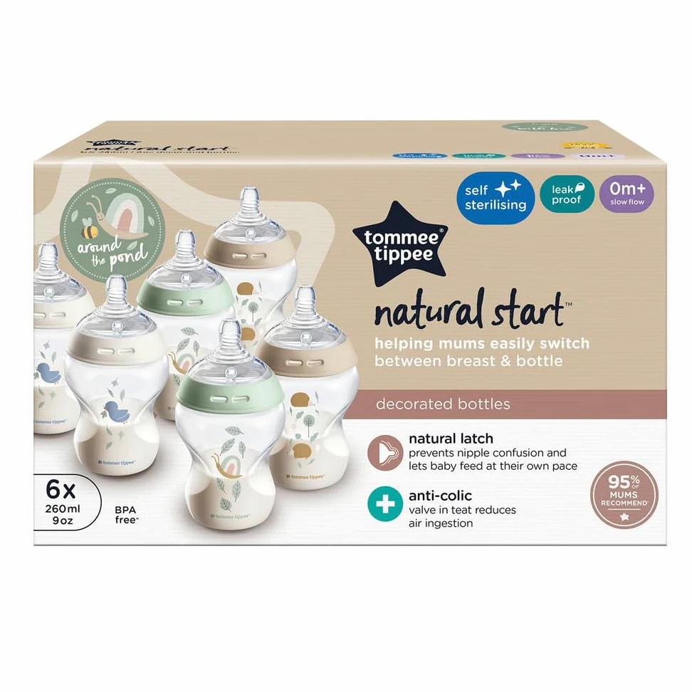 Tommee Tippee biberon anti-colica Natural Start 260ml | 6 pezzo con tettarella simile al seno materno, valvola anti-colica, autosterilizzante, decorato