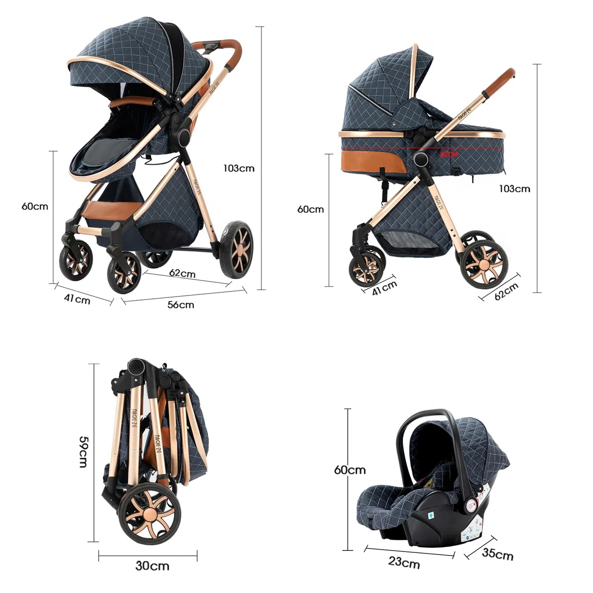Passeggino Trio, Passeggino 3 in 1 con Spinta Reversibile a Due Vie, Trio Passeggini Neonati con Accessori, Carrozzina per Neonati Design Portatile Pieghevole Un Clic (YV9 Chocolate)