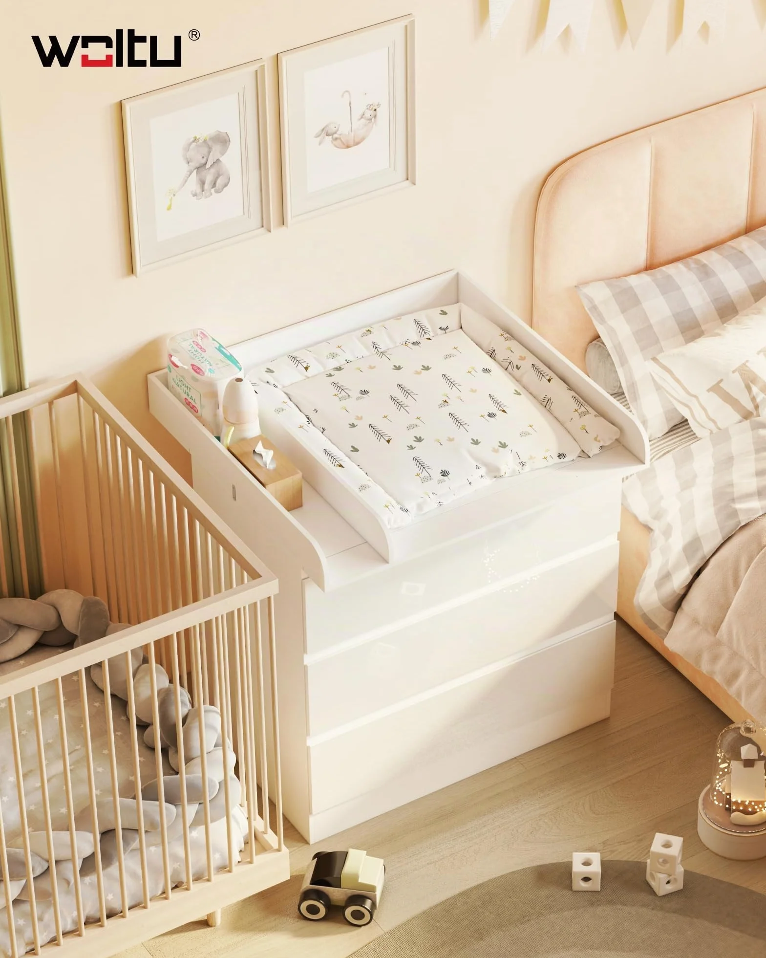 WOLTU Fasciatoio per Cassettiera Universale, Piano Fasciatoio con Divisorio Rimovibile, Fissaggio Sicuro con Pezzi Metallici, in MDF, Bianco