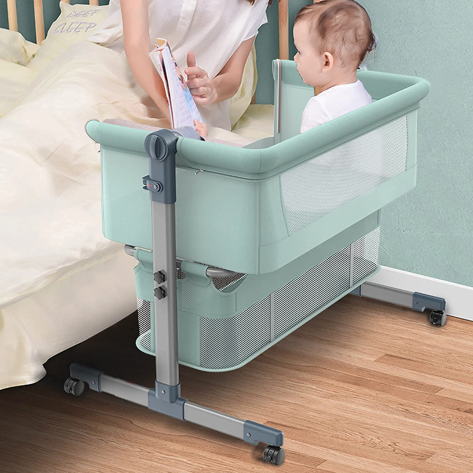 QUNINE Culla da Comodino, Lettino per Bambini co-Sleeping con Materasso, lettini Laterali Staccabili Finestra in Rete Regolabile in Altezza Culle per Bambole Ruote e Borsa da Viaggio, Giallo (Giallo)