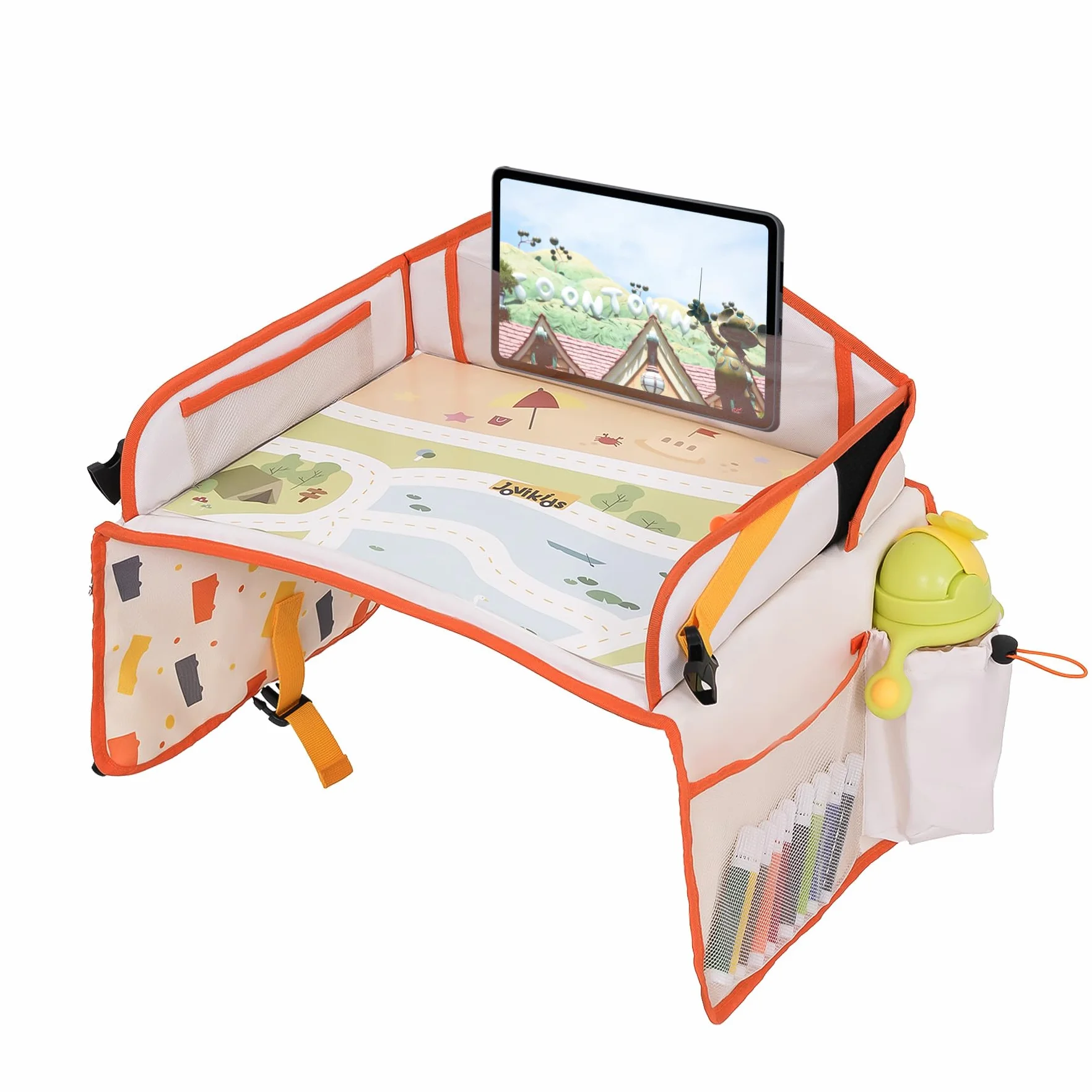 Jovikids Vassoio da Viaggio per Bambini, Tavola da Disegno Cancellabile, Tasca PAD touch screen Tavolino Auto per Bambini, 7 Tasche, Pieghevole e Portatile (beige)