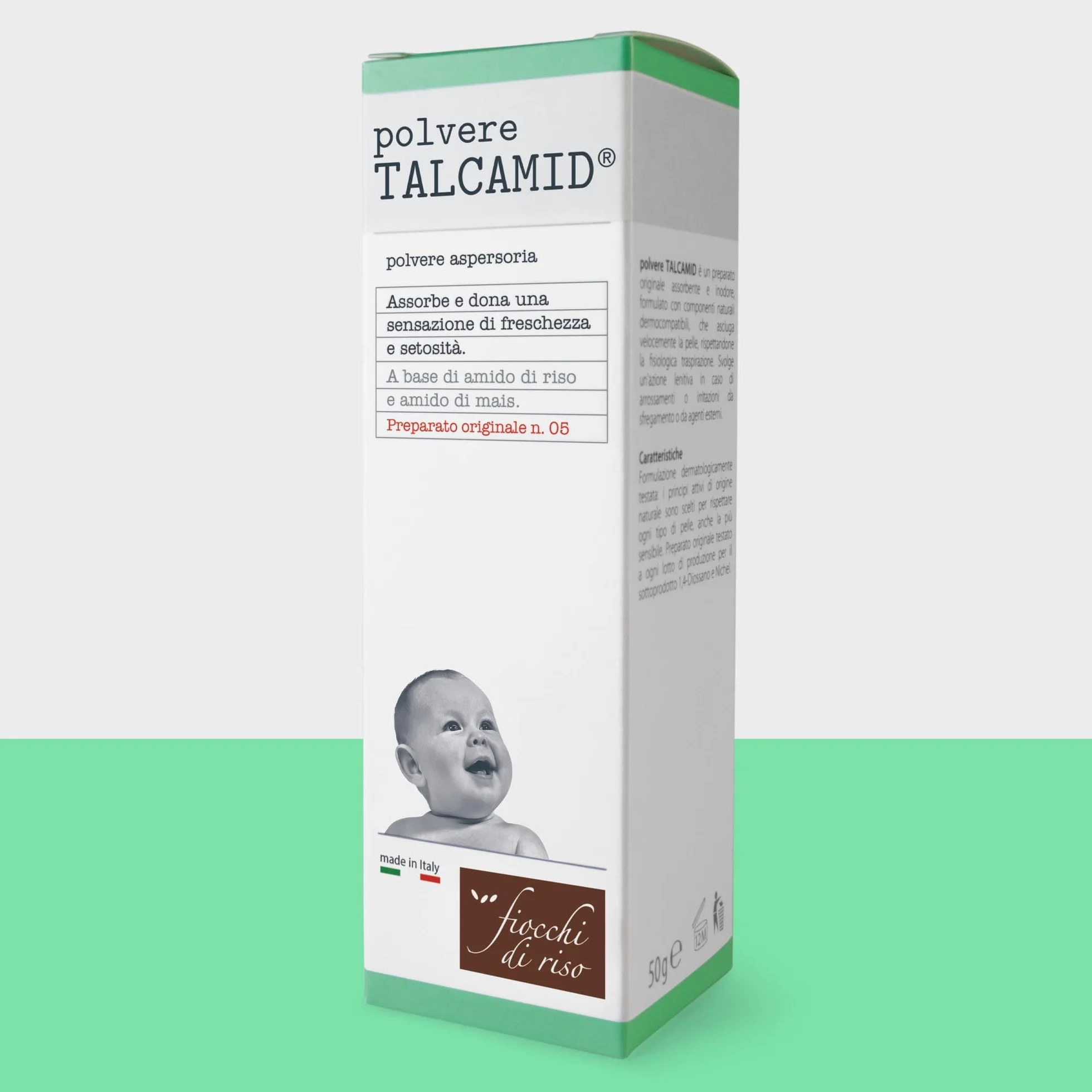 Fiocchi di Riso - Polvere TALCAMID - 50g - SUDORAZIONE E SUDAMINA - Coadiuva il trattamento della sudamina, ideale per la cute dei neonati, infanti e bambini.