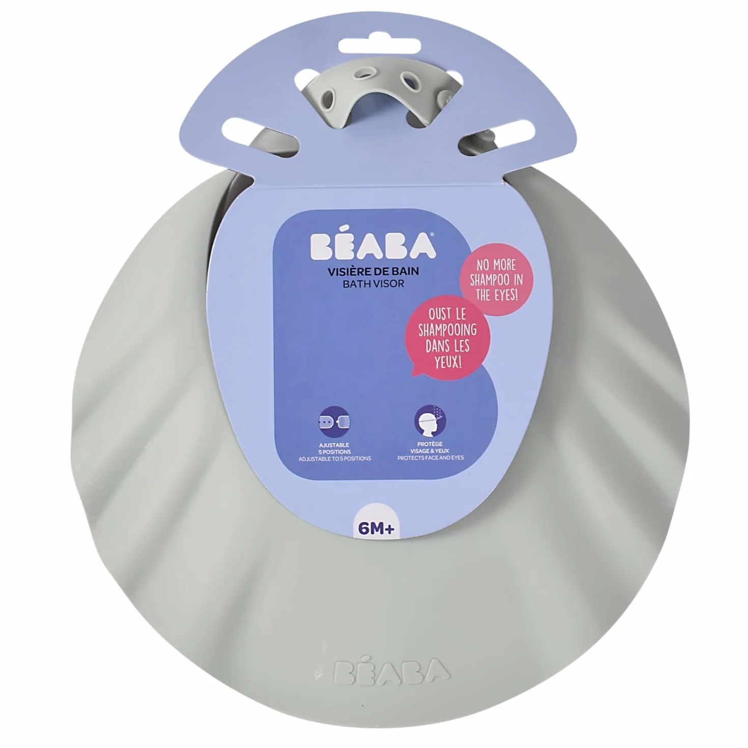 BÉABA, Cappello da Doccia per Bambini, Cuffia da Bagno, Fascia Regolabile, 5 Posizioni, Protezione per Occhi e Orecchie, Silicone Morbido e Flessibile, Grigio Verde
