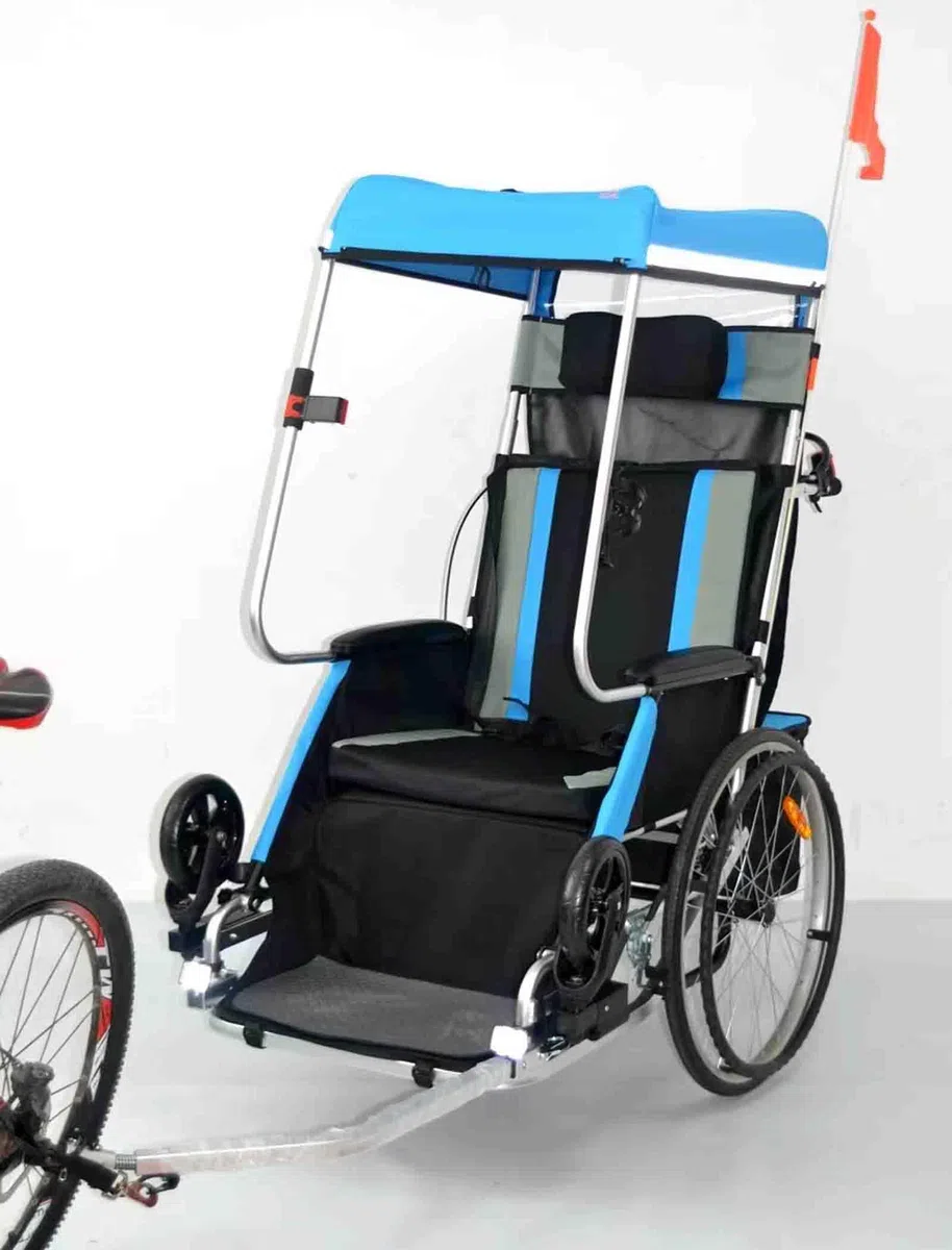 CAULO Rimorchio per Bicicletta Sedia a rotelle per Adulti Bicicletta Rimorchio Posteriore in Lega di Alluminio Assorbimento degli Urti Trattore Comodo Carrello Multifunzionale (Blue)