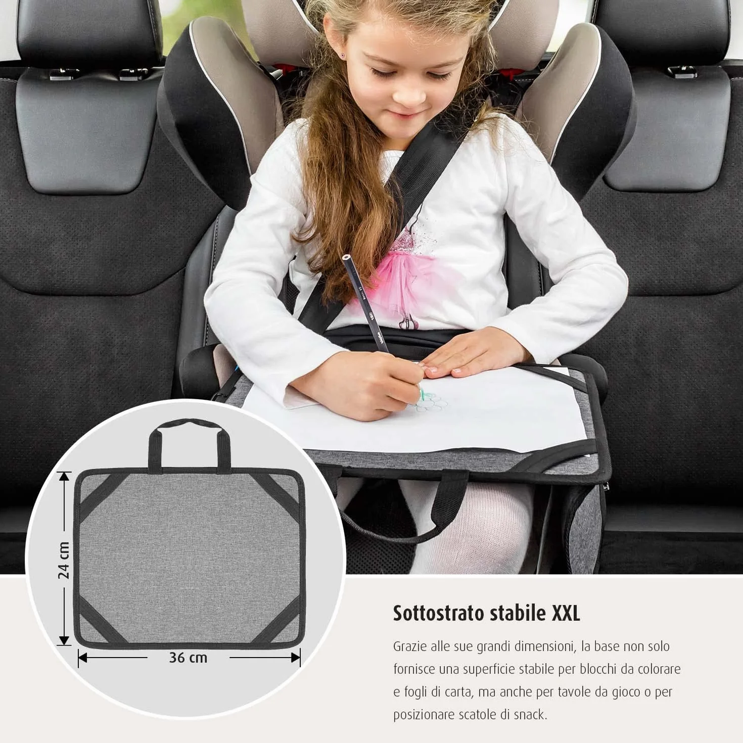 reer TravelKid Play - Kit per colorare per viaggi, leggero e stabile, con tasche pratiche, impermeabile, antimacchia, grigio