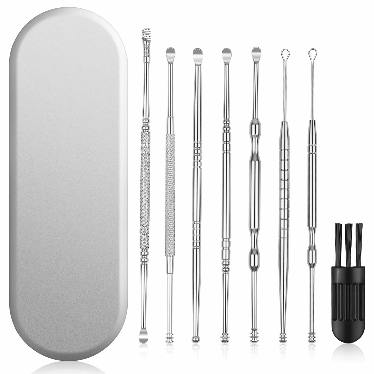 Kit Pulizia Orecchio, 8 Pezzi Strumenti per Pulizia dell’Orecchio in Acciaio Inox, con Scatola Portaoggetti, Detergente per Orecchie Igienico Riutilizzabile per Adulti e Bambini- Argento