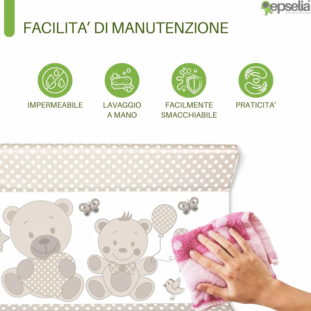EPSELIA Materassino Fasciatoio in PVC, tasca di fissaggio Atossico a Norma Europea EN71, Test Anti-ribaltamento a Norma Europea EN 12221-1/2, cm 80x50 H10 Facile Manutenzione, Impermeabile, Tortora