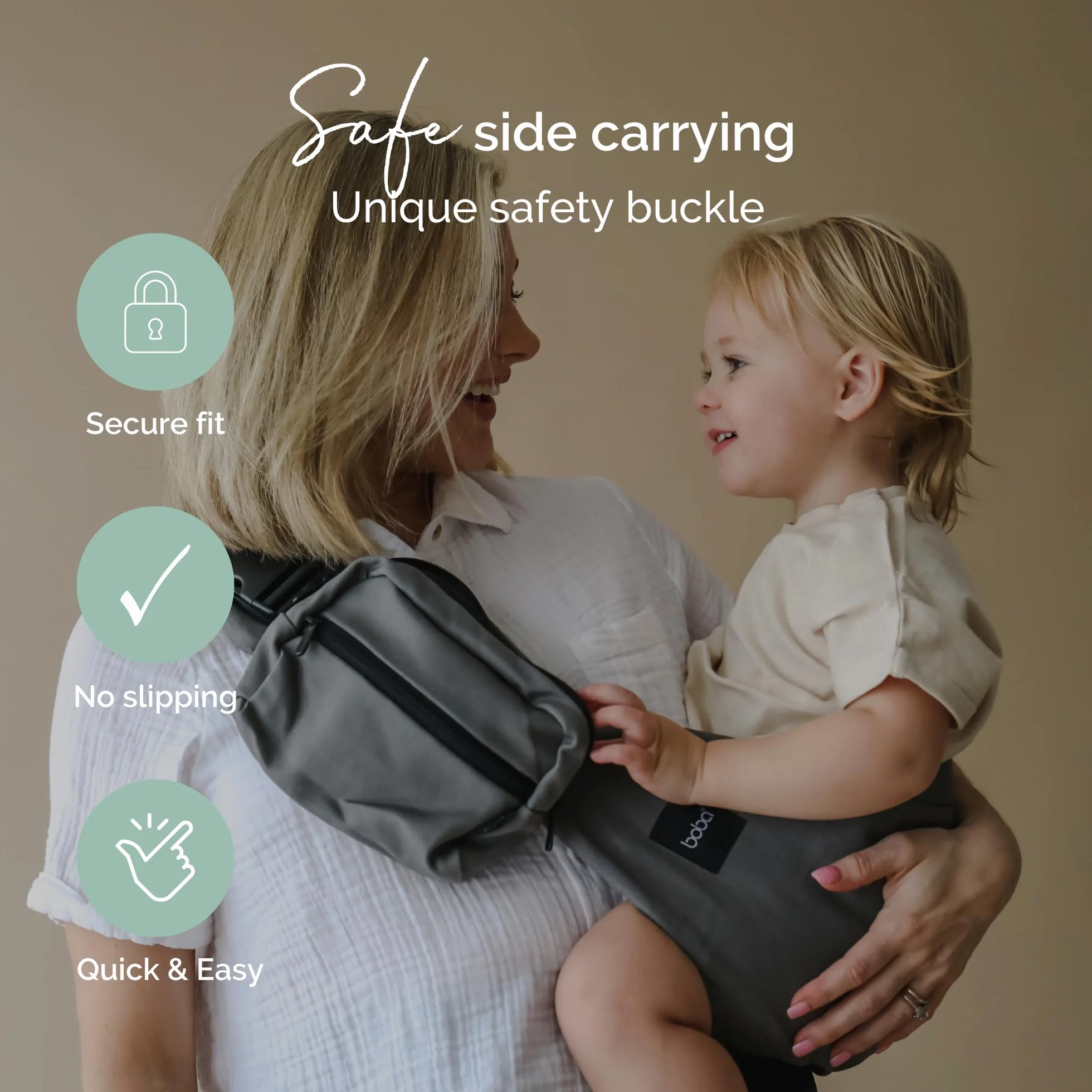 Boba Buddy Fascia Porta Bebe - 100% Cotone, Fascia Laterale Porta Bambino Ergonomico con Spallacci Regolabili, Fibbie di Sicurezza e Seduta Ampia, Include Borsa (9-48 Mesi/8-20 kg) - Grey