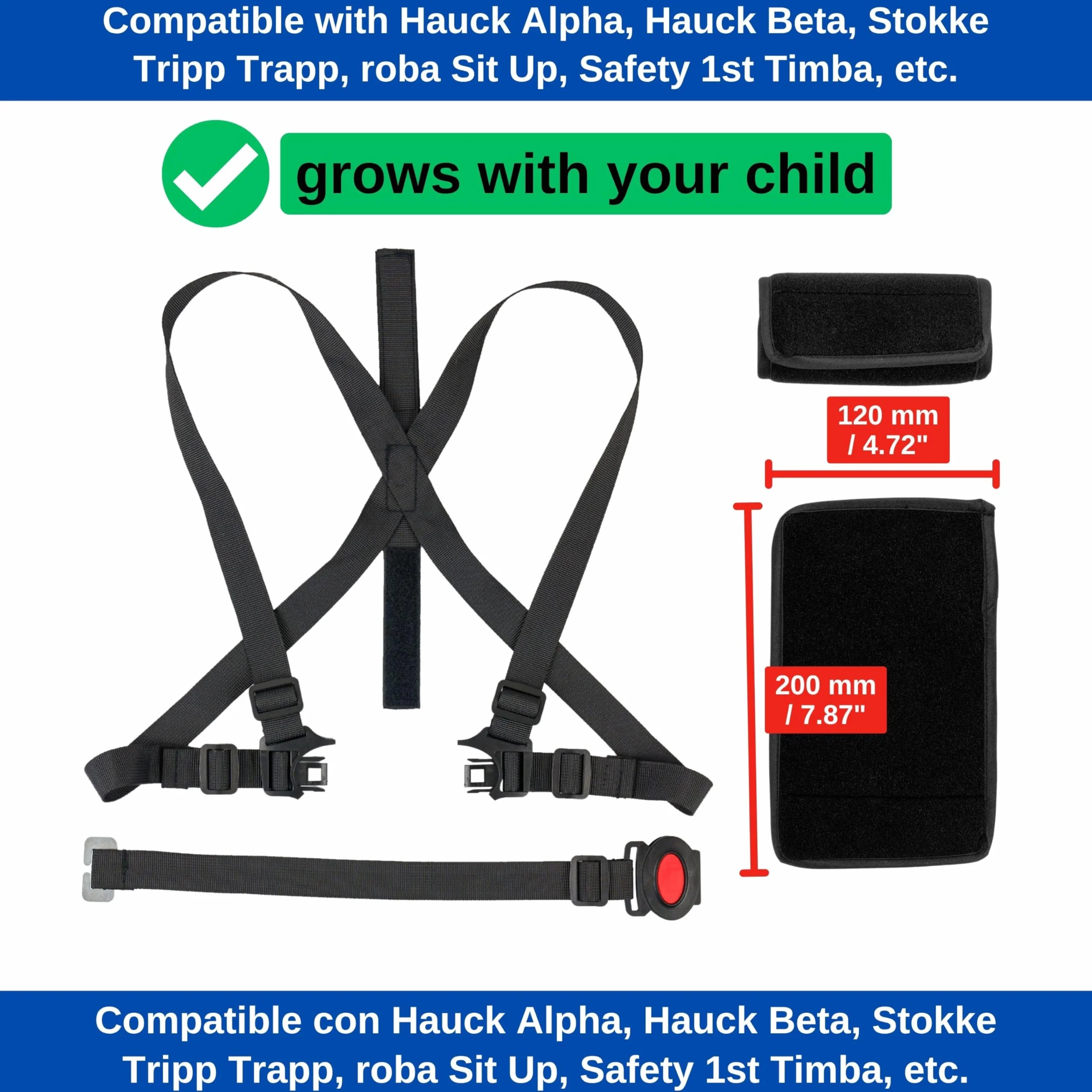 Imbracatura di sicurezza per seggiolone con cuscinetti per cinture, 1 Set, compatibile con Hauck, Stokke Tripp Trapp, Roba, sistema di imbracatura a 5 punti per seggioloni per bambini