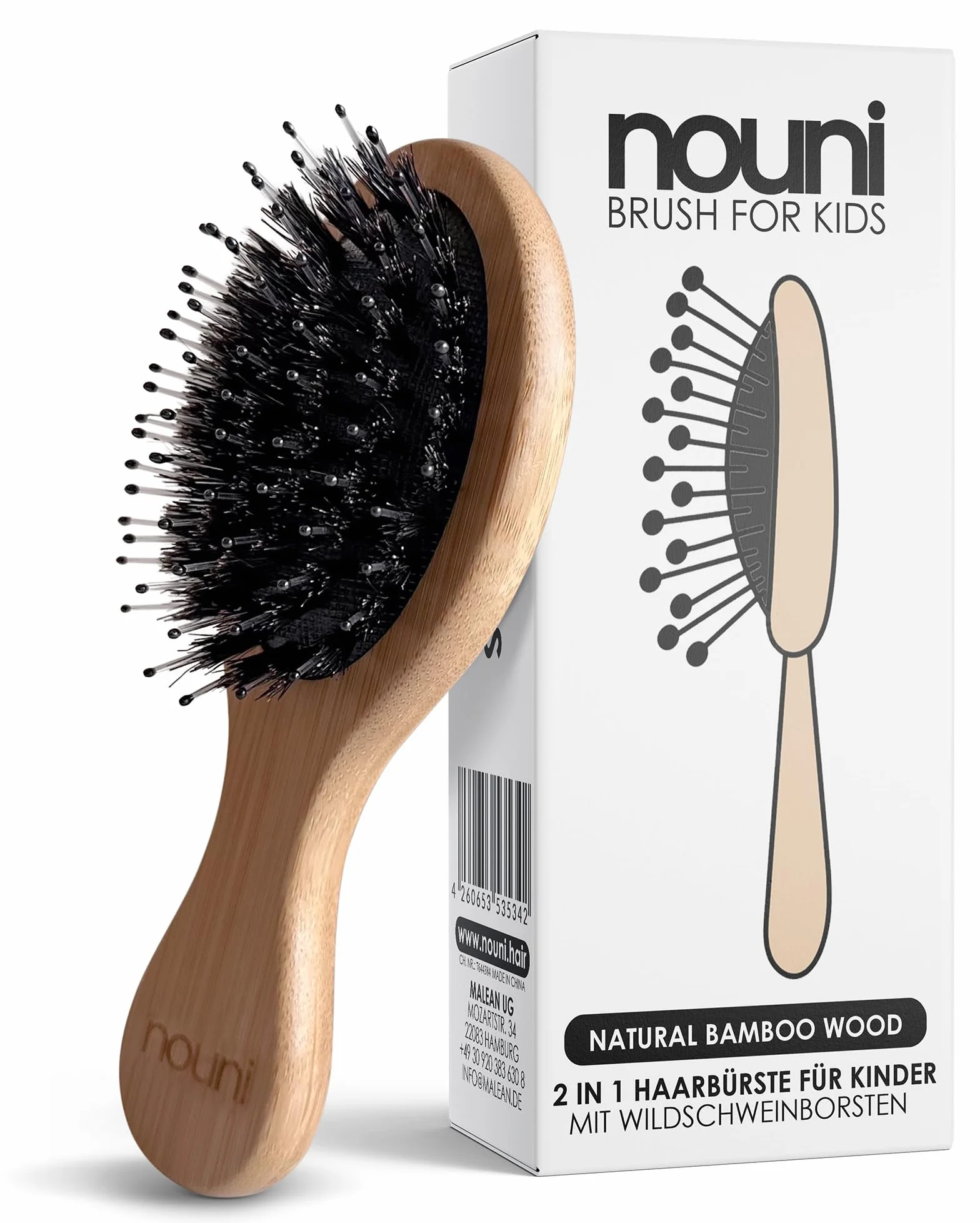 Spazzola per bambini in legno di bambù con setole di cinghiale | Kids Brush: senza tirare | Pettine massaggiante premium | Spazzola per capelli di Nouni
