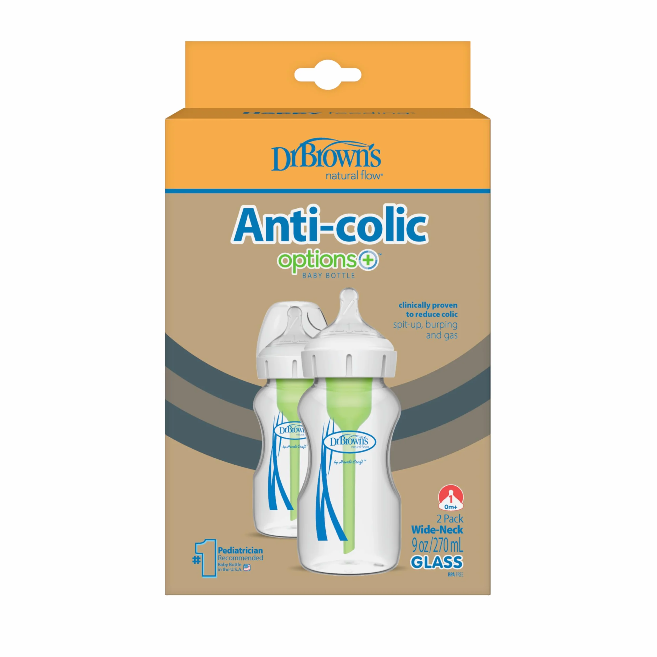 Dr. Brown's Natural Flow Anti-Colic Options+ biberon in vetro a collo largo, 9 oz/270 ml, con tettarella a flusso lento di livello 1, confezione da 2 (l'imballaggio può variare)