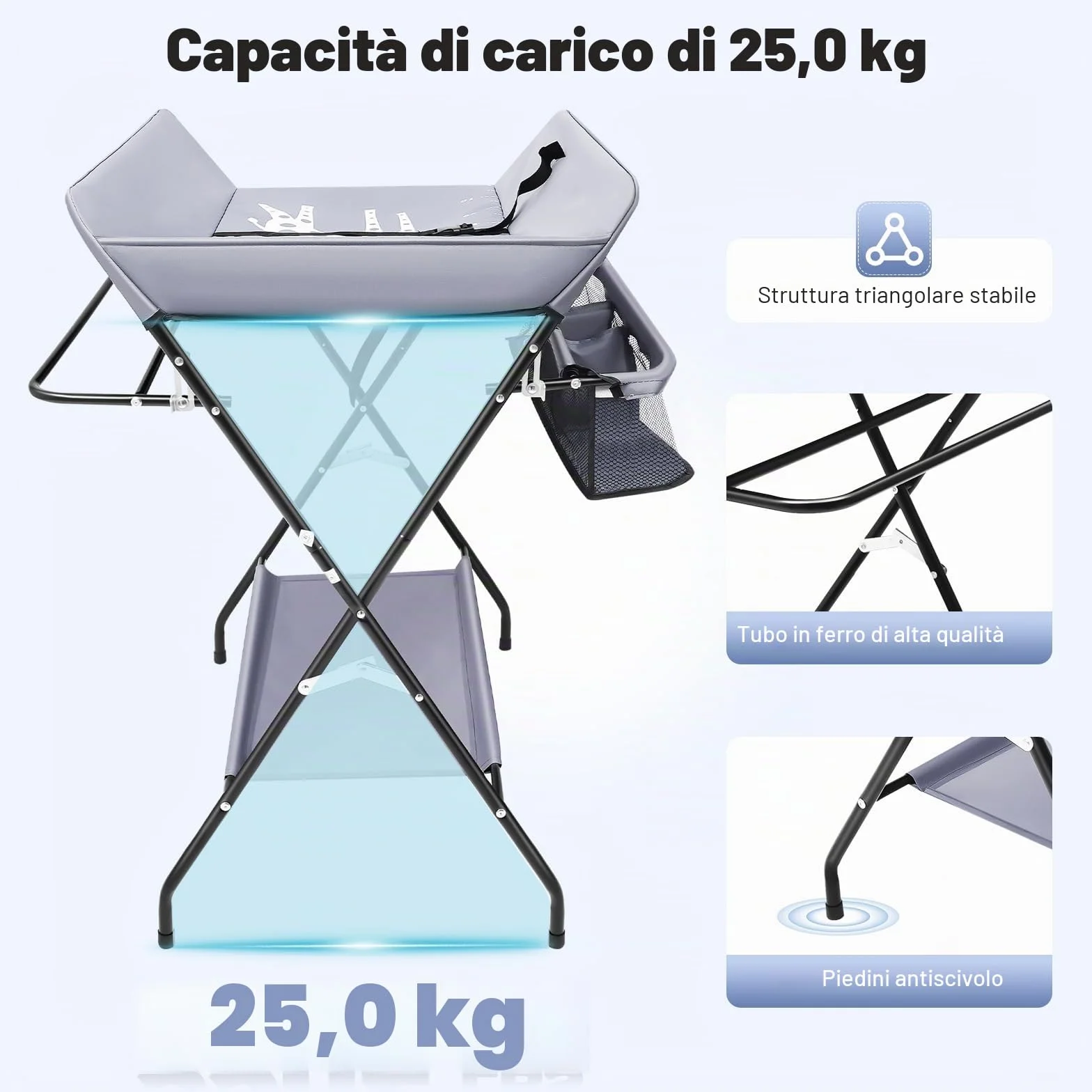 Fasciatoio portatile per bambini, pieghevole, fasciatoio pieghevole, con fasciatoio sottile, cintura di sicurezza e scomparti (grigio scuro)