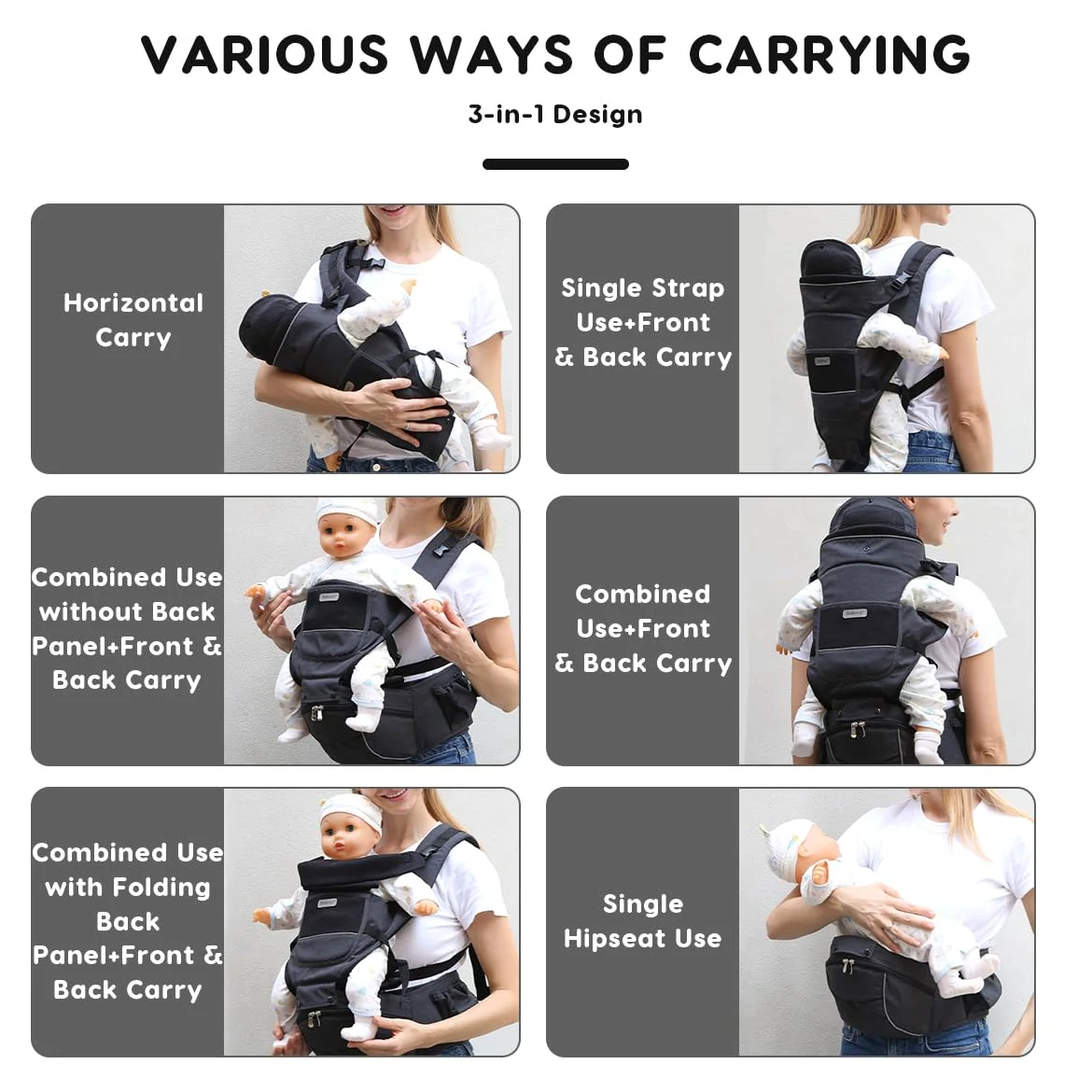 SONARIN 3 in 1 Multifunzionale Marsupio Neonati con Sedile,Portantina Ergonomico Porta Bambino Fascia Porta Bebè con Funzione di Portaoggetti,Multi-Posizioni per 0-36 Mesi(Nero)