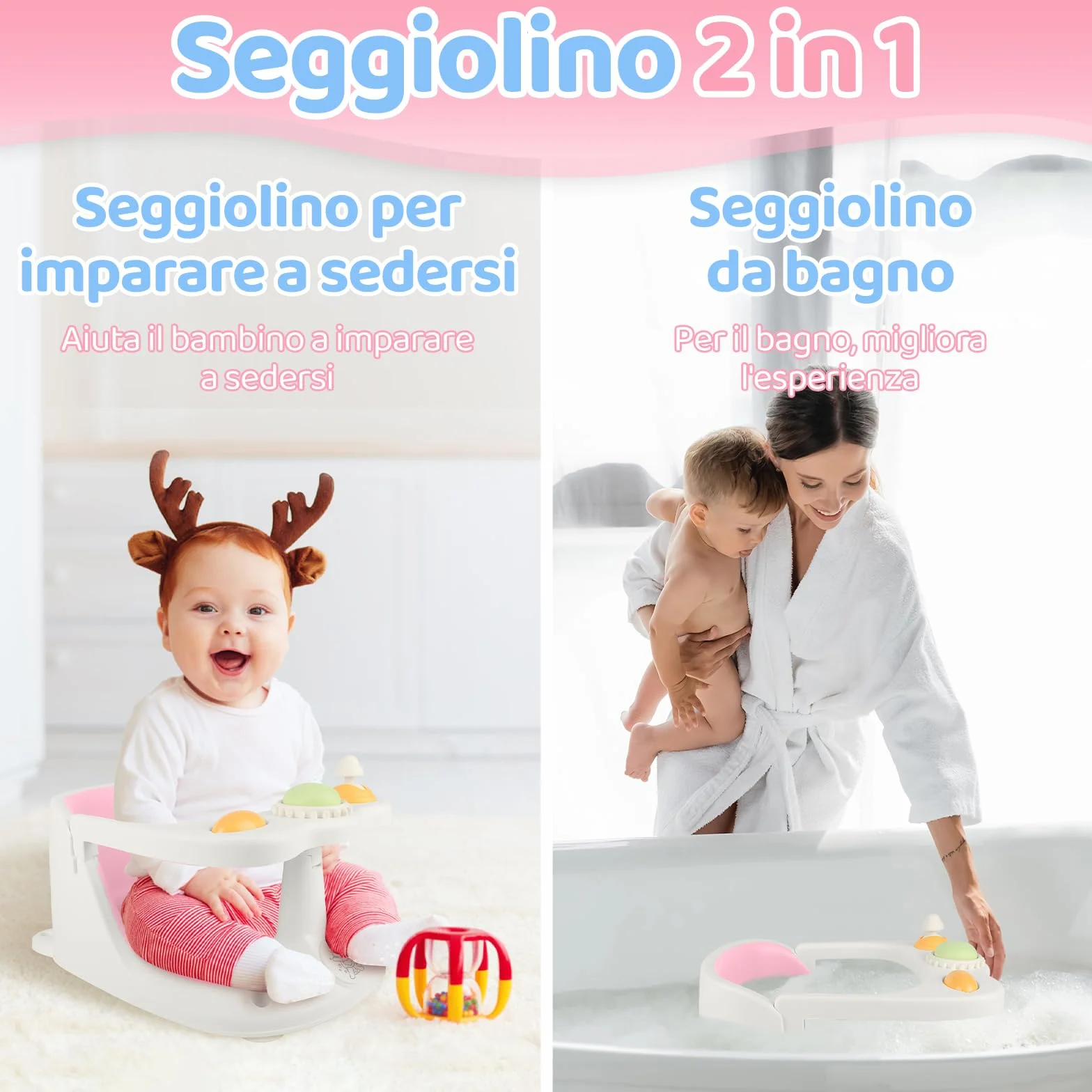 Aragallant Seggiolino da Bagno per Bambini 6 mesi+, Seggiolino Antiscivolo per Vasca da Bagno, Sedia da Bagno con Giocattoli, Seggiolino per Doccia Bambini con Ventose (Rosa)
