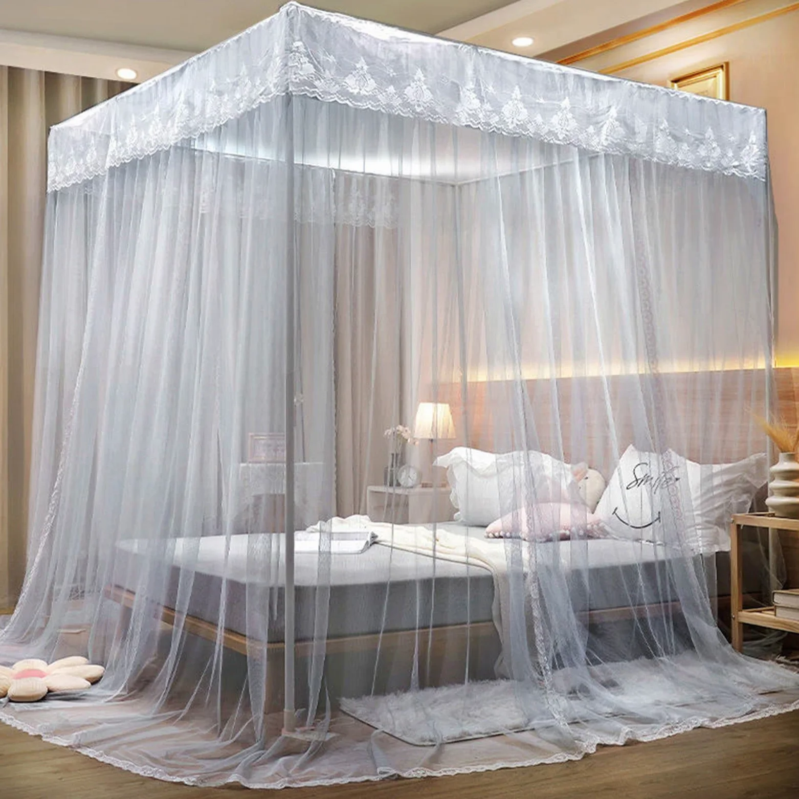 Generisch Zanzariera per letto matrimoniale, universale, quadrata, con telaio in acciaio inox e 3 aperture laterali, baldacchino, zanzariera per viaggi a casa