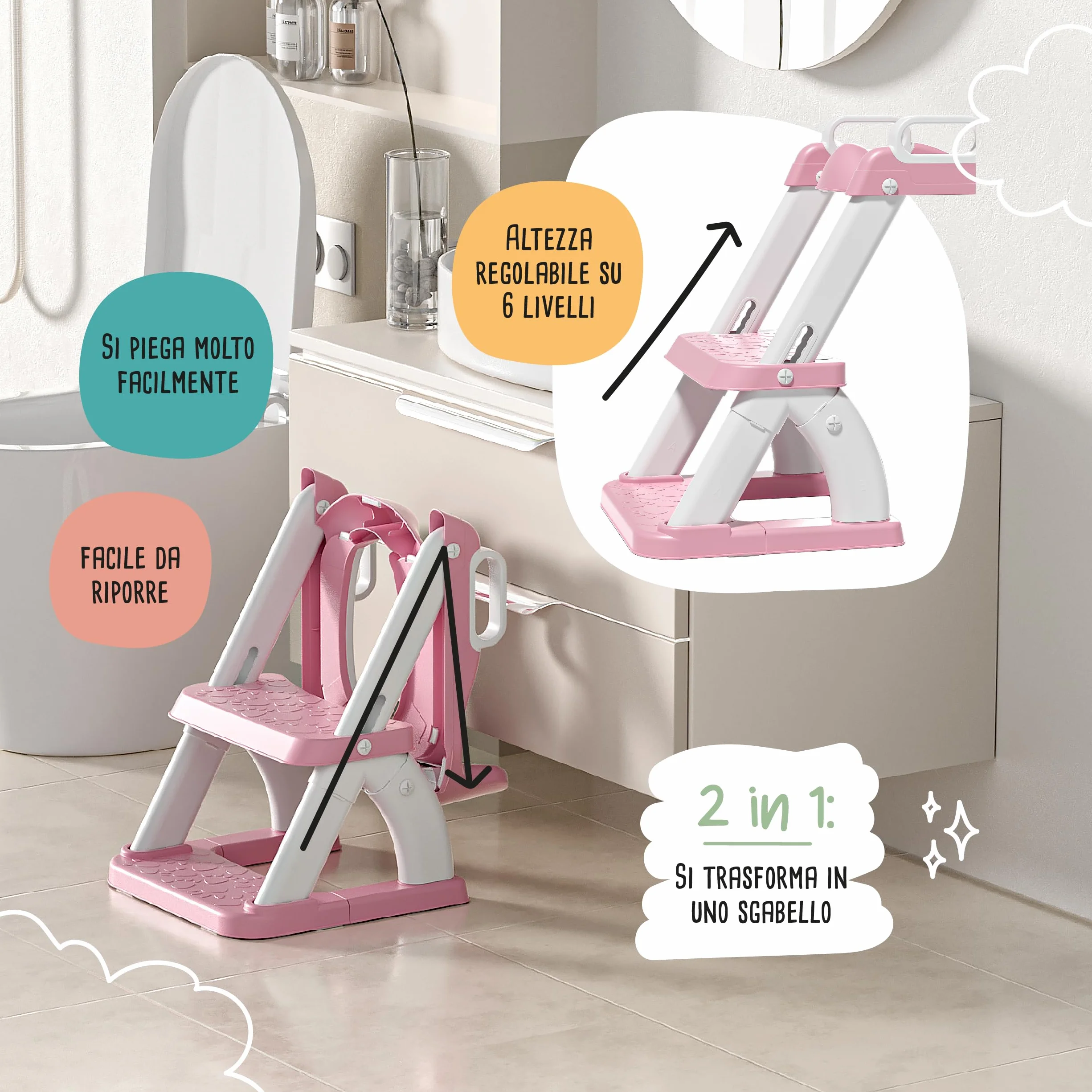 Riduttore WC Bambini con Scaletta – Sedile WC Pieghevole per Apprendimento Autonomo – Adattatore Toilette con Gradino Antiscivolo e Maniglie – Vasino Bambini