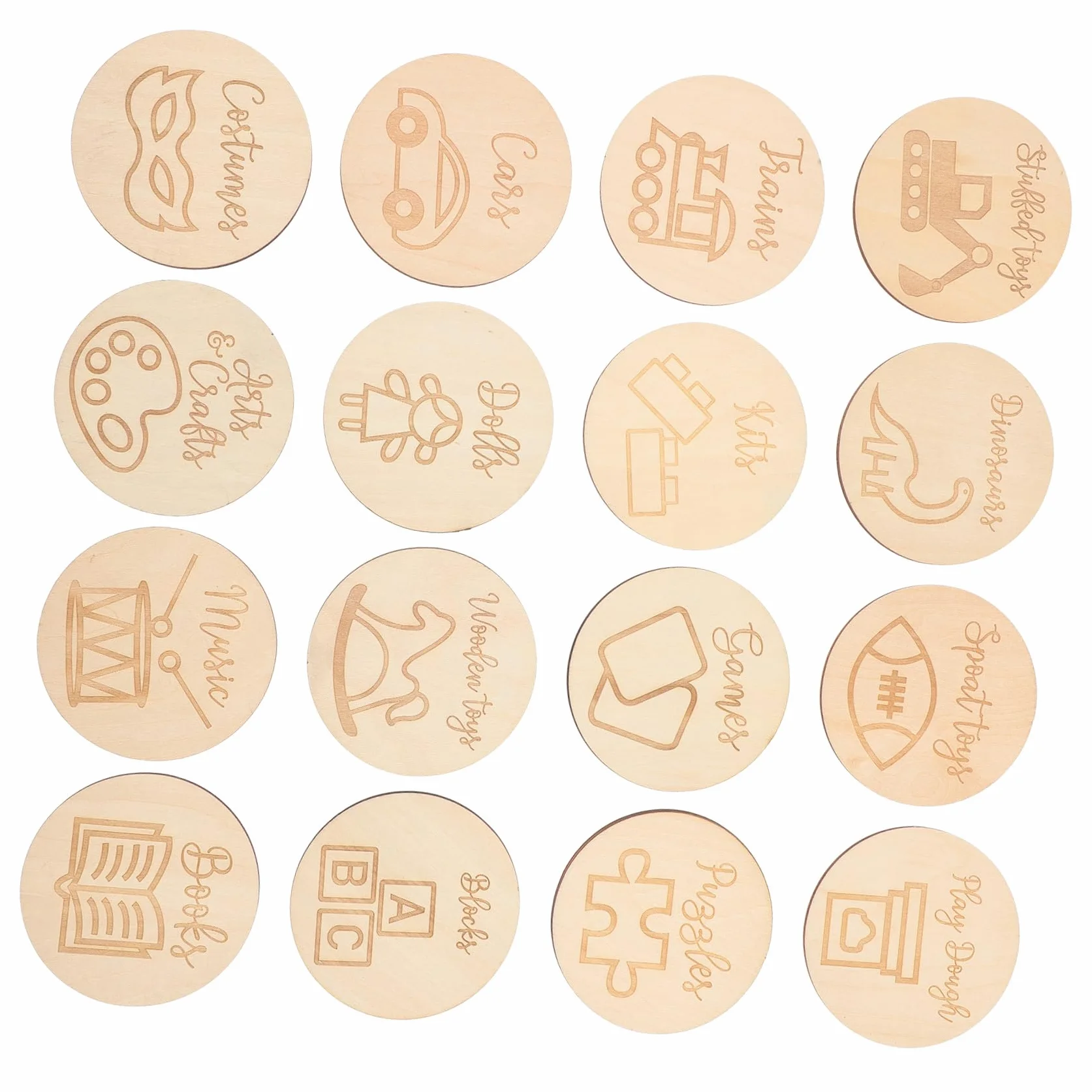 Etichette in Legno Rotonde per Scatola Giocattoli 16 Pezzi, Pratiche e Facili da Usare, per Casa e Asilo Nido, Design Semplice e Creativo