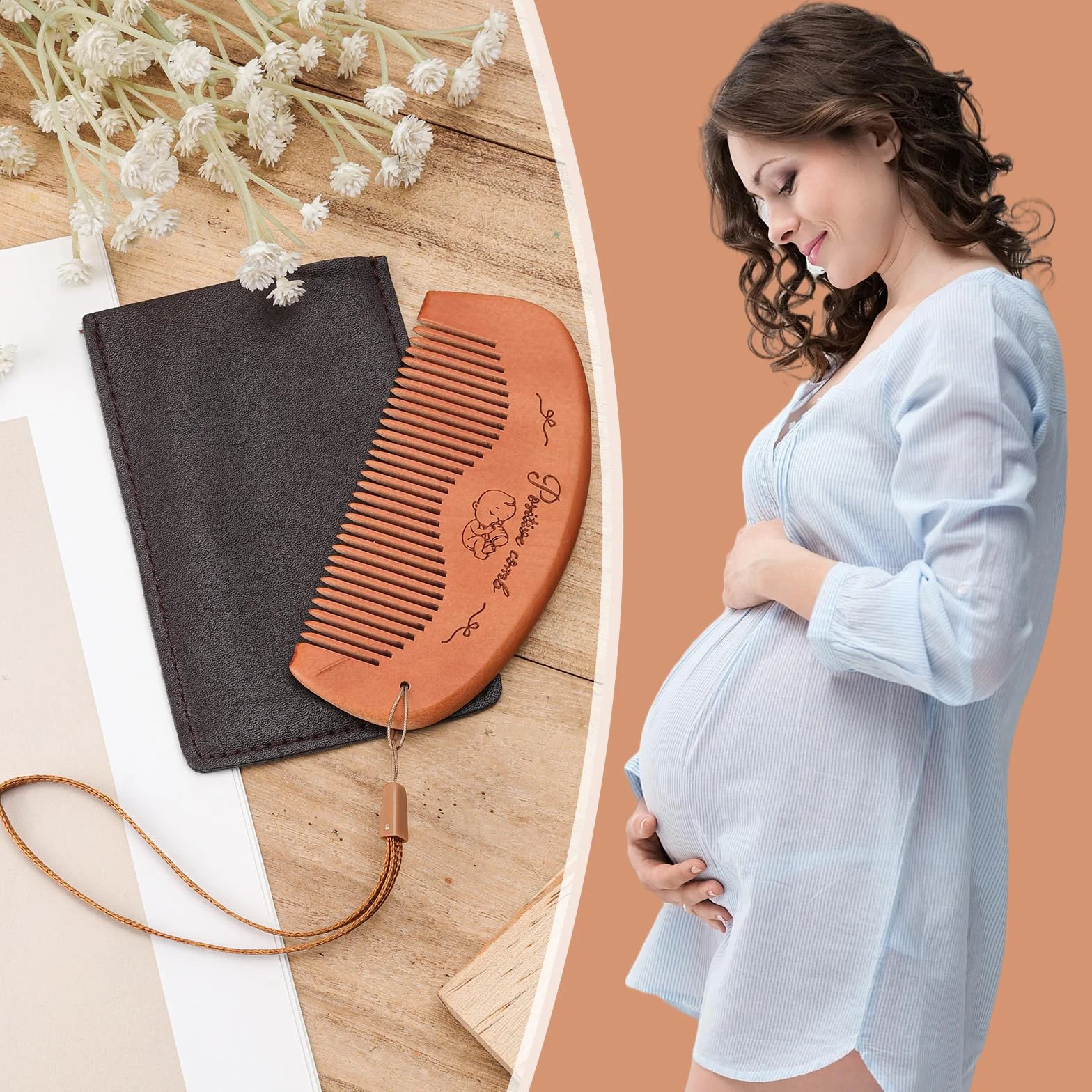 Set di Pettine da Parto, Legno Travaglio Pettine per Capelli con Borsa Portaoggetti e Cordino Articoli Essenziali per il Parto per le Mamme Alla Prima Esperienza Regalo per la Gravidanza
