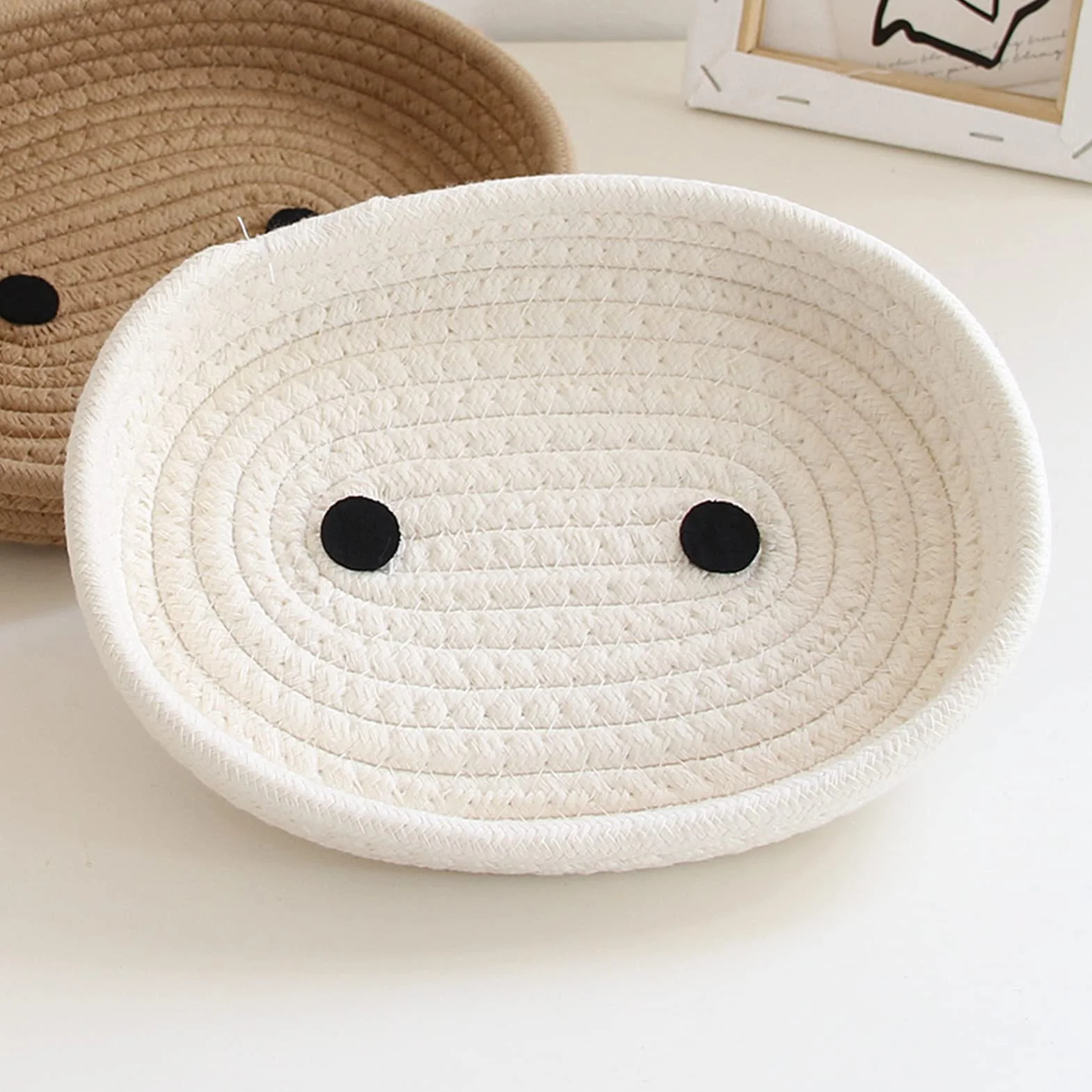 Naroote Cestino Portaoggetti in Corda di Cotone, Scatola Portaoggetti da Scrivania Decorativa Morbida per la Pelle con Coperchio per la Cameretta dei Bambini (Latte Bianco)