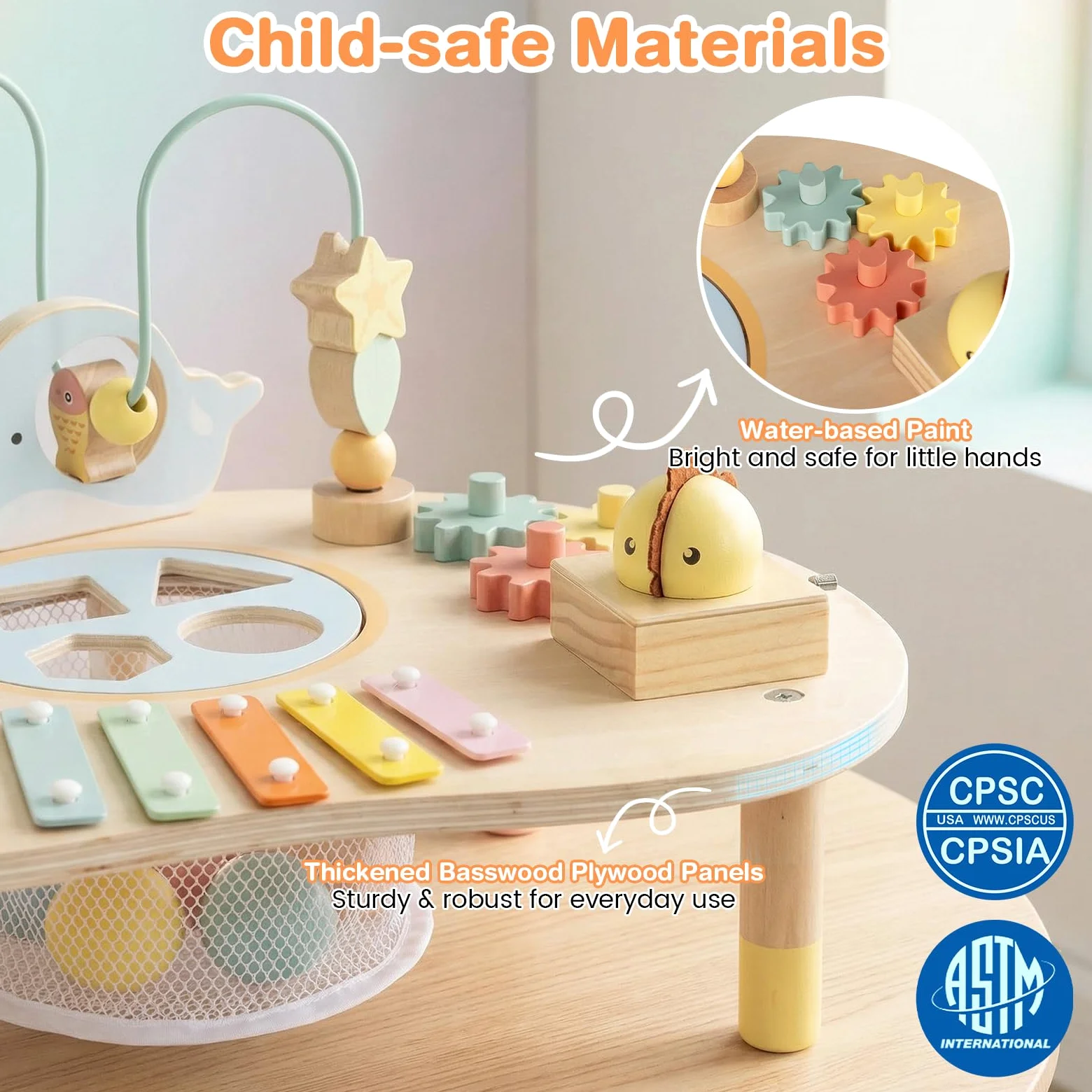 FANTASK Montessori - Tavolo da attività in Legno, per Bambini a Partire da 1 Anno, Giocattolo educativo con Loop per motorie, Gioco di Pesca, xilofono, Carillon e selezionatore, Tavolo da Gioco per