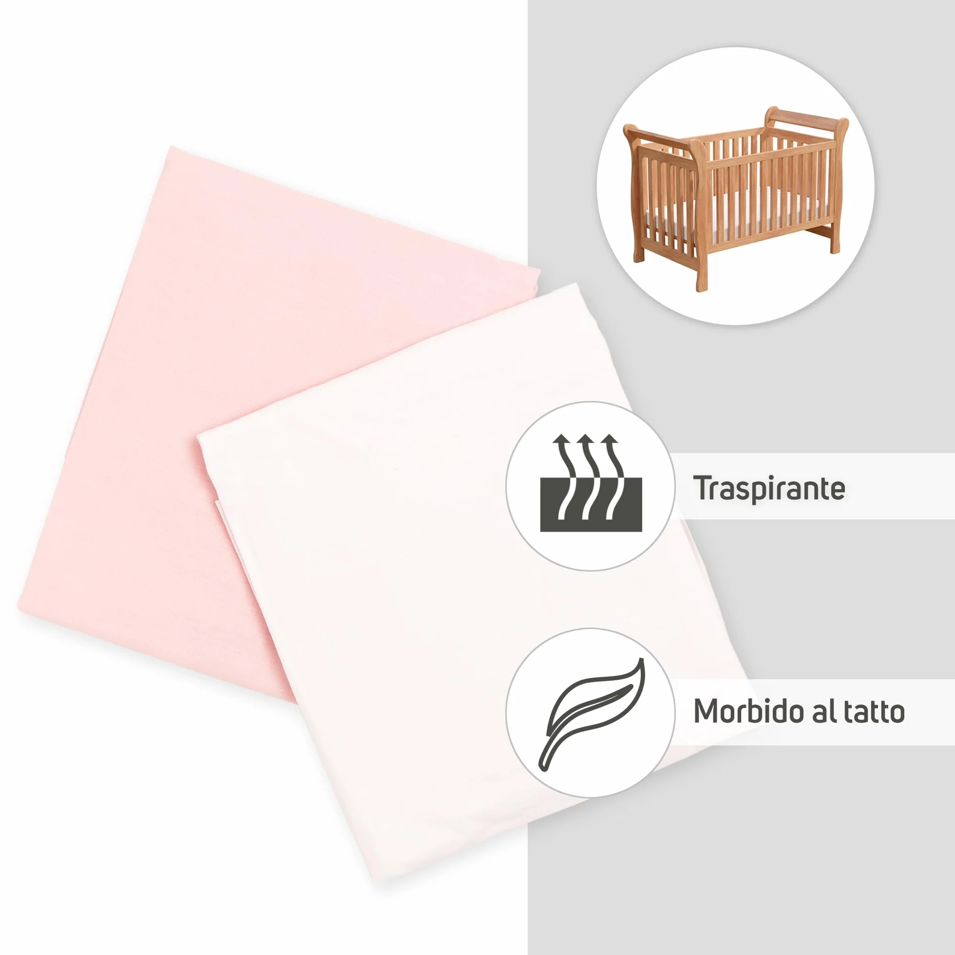 Ti TIN Confezione da 2 Lenzuola con Angoli per Culla 100% Cotone | Set di 2 Lenzuola Regolabili con Elastici, 60x120 cm, 1 Lenzuolo Bianco + 1 Lenzuolo Rosa | 100% cotone, gommato, traspirante e morbido, facile da pulire, adatto all'asciugatrice