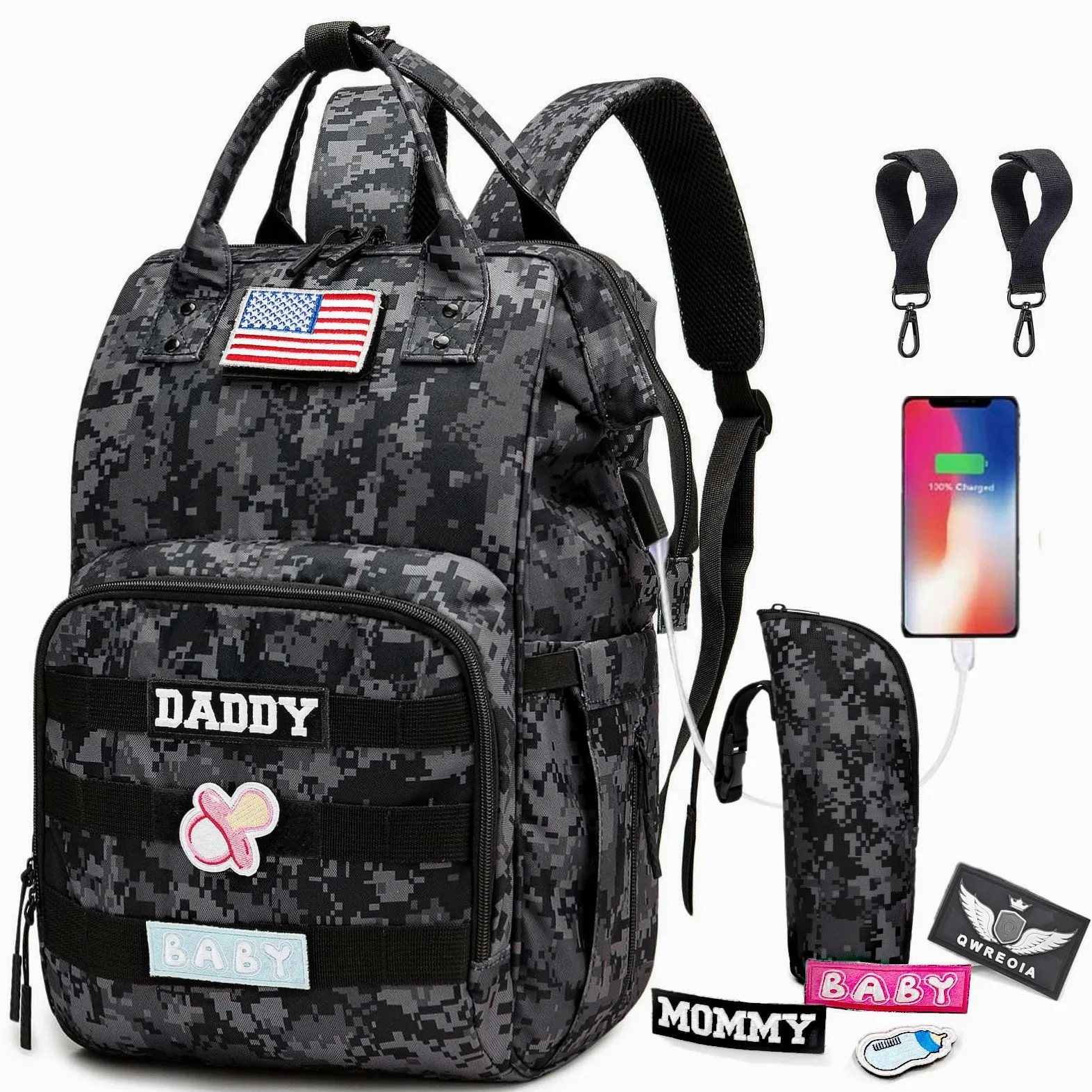 Zaino per pannolini con porta di ricarica USB e tasca isolata, zaino tattico militare da viaggio per papà e mamma (adesivo mimetico nero), nero mimetico, Large, Borse per pannolini